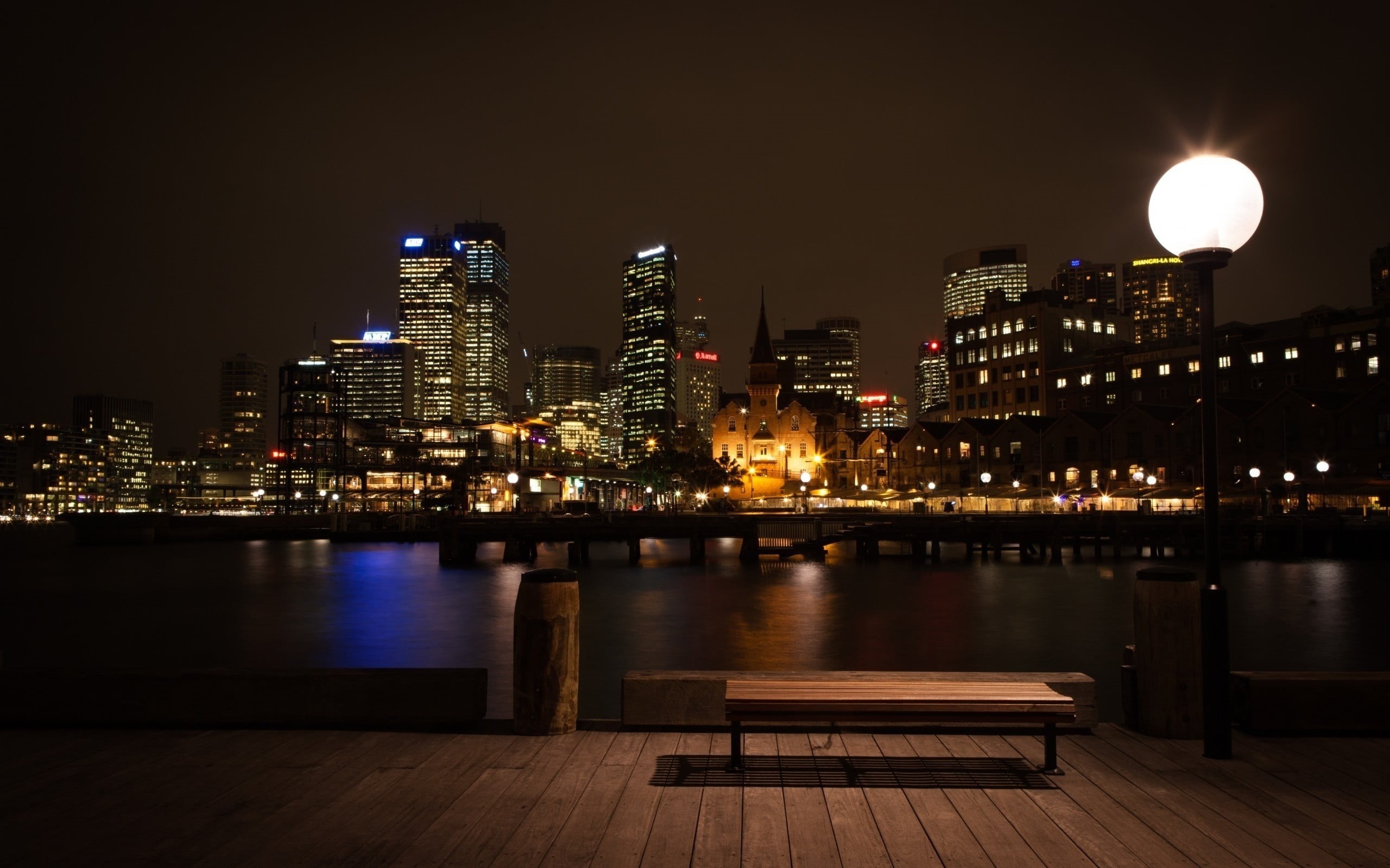 outdoors, city, wood, reflection, brown, pier, urban, financial district, landscape, bench, wooden, office building exterior, no people, night, architecture, HD Wallpaper