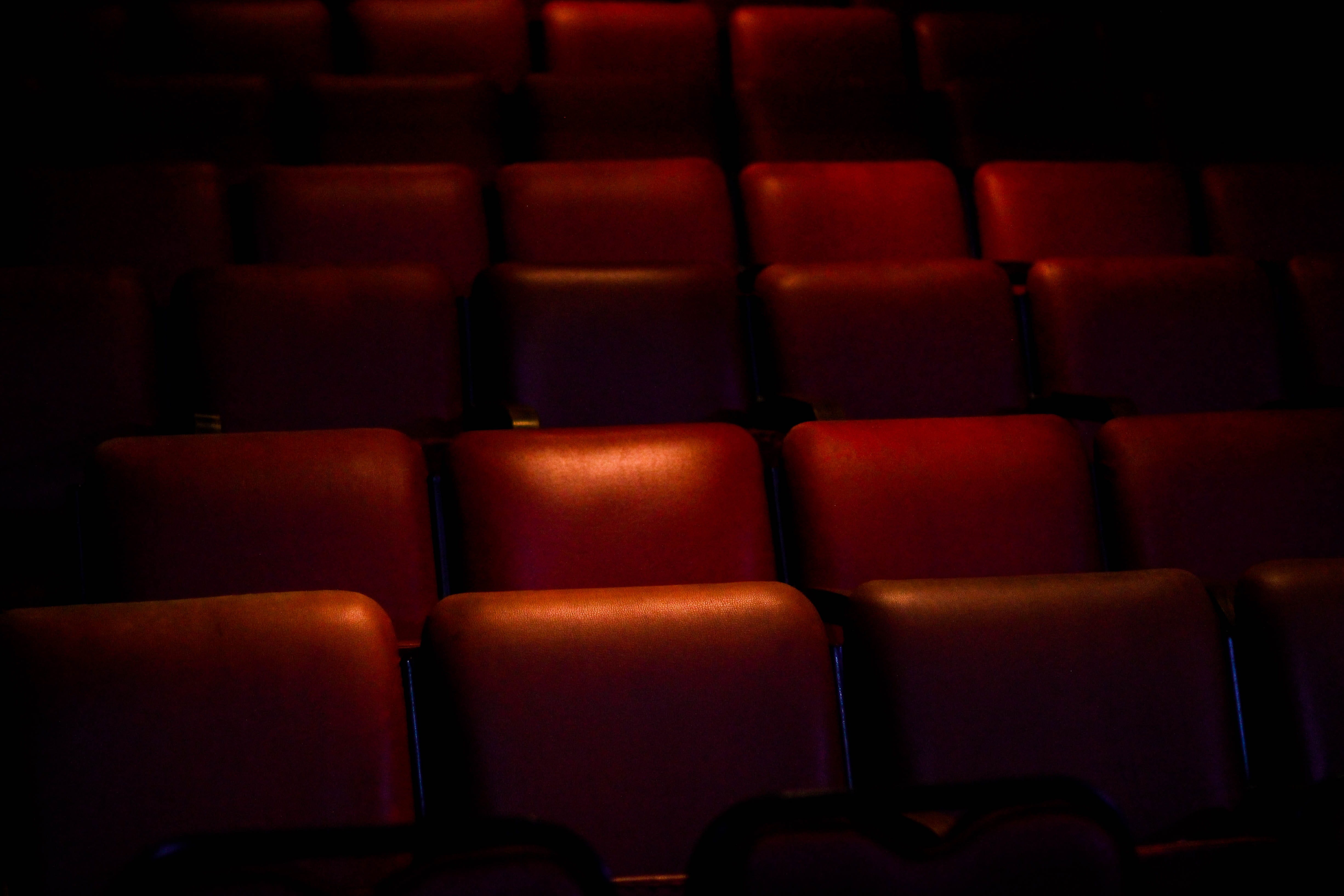 stage theater, side by side, seats, auditorium, movie theater, cinema, leather, theater, seat, empty, no people, in a row, order, indoors, nightlife, black color, HD Wallpaper