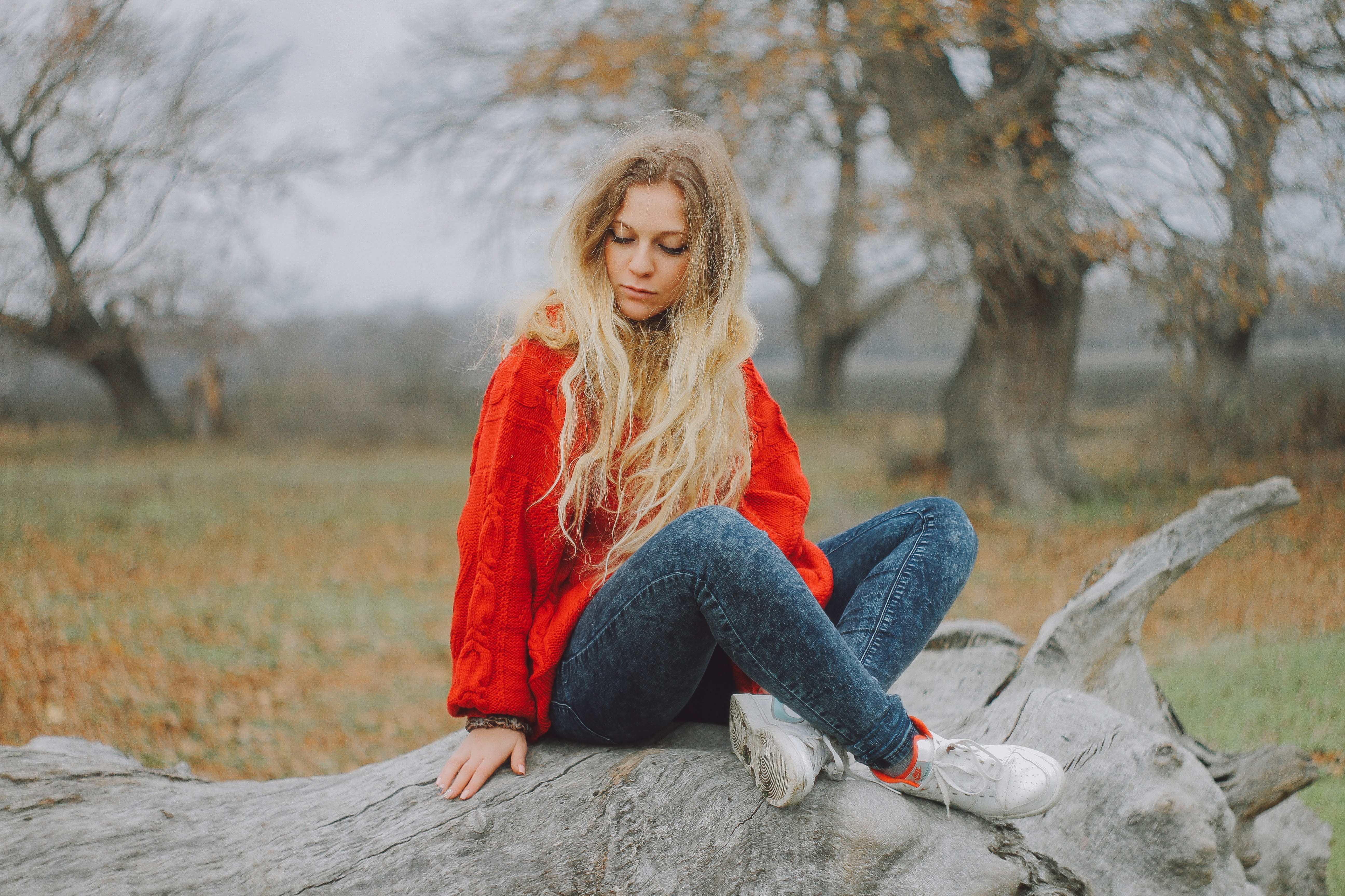 cutted, park, fashion, photoshoot, casual clothing, sweater, jeans, full length, hair, person, log, contemplation, portrait, beautiful, young women, model, HD Wallpaper