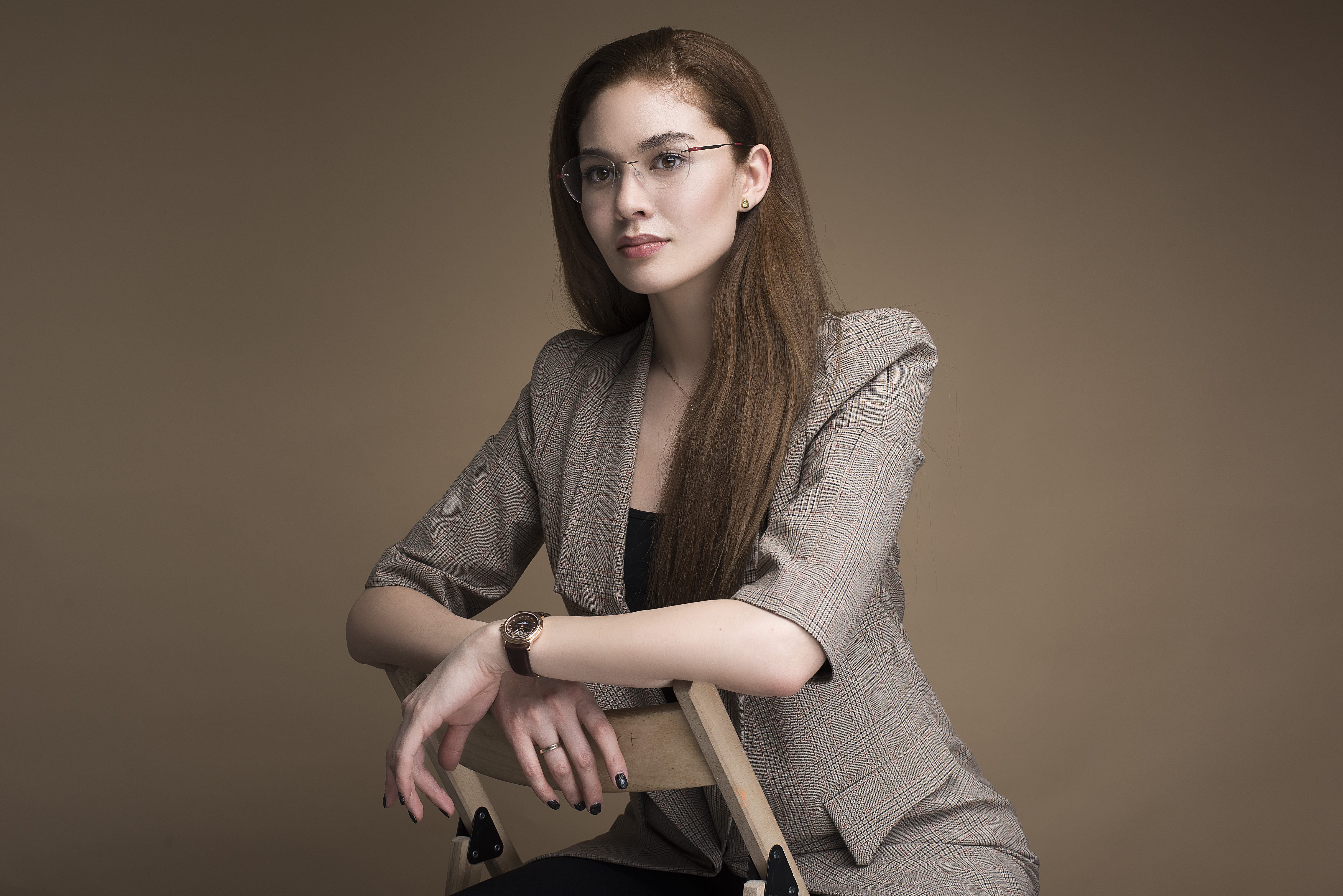 business, dress, long hair, beautiful woman, women, beige background, casual clothing, woman, astana, front view, black, apparel, contemplation, studio shot, HD Wallpaper