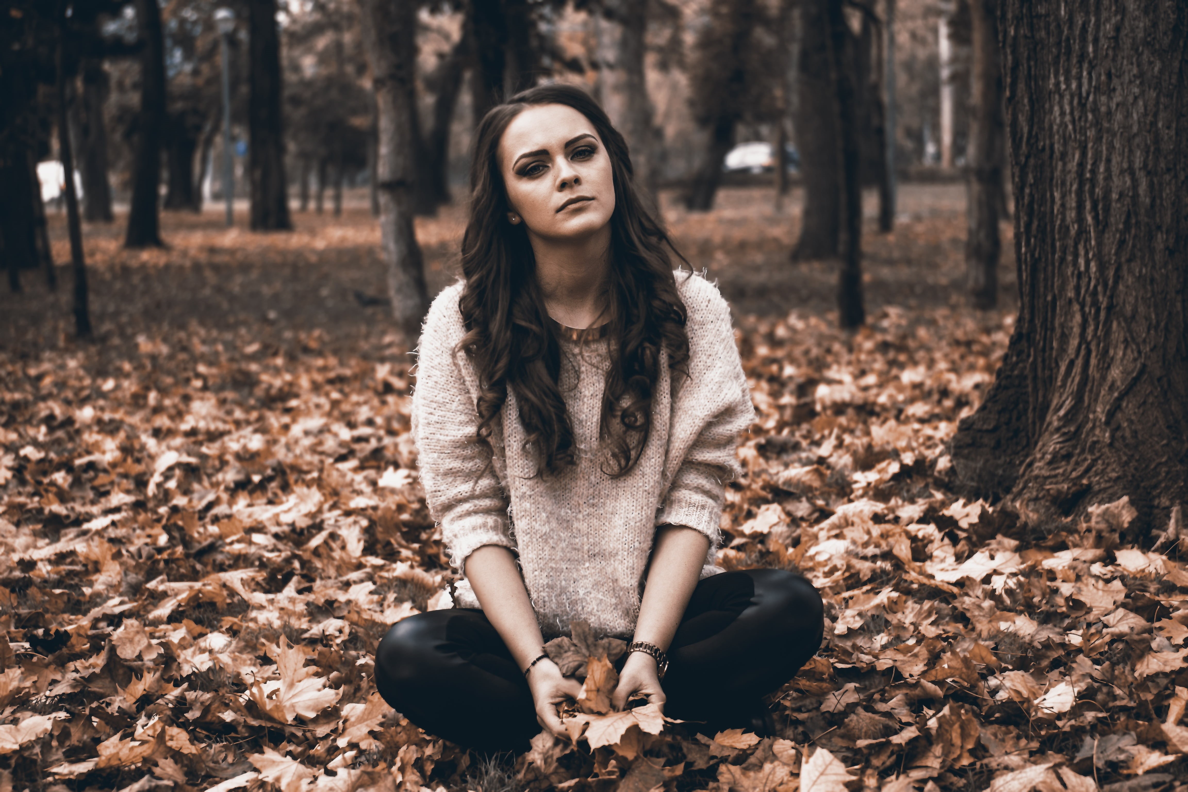 woodland, teen, plant part, emotion, casual clothing, nature, sweater, land, lonely, broken heart, young adult, cute, female, leaf, one woman only, hair, HD Wallpaper