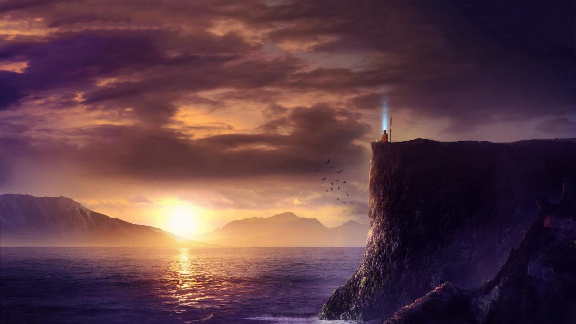 outdoors, 1080P, dramatic sky, meditation, artwork, nature, tower, warning sign, sea, cloud - sky, Sun, sunset, animated, monks, no people, landscape, HD Wallpaper