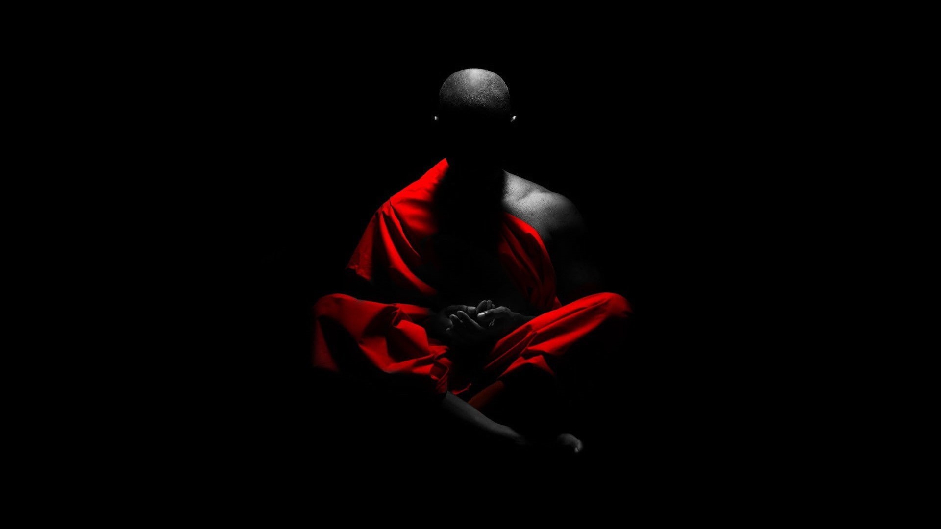 monks, selective coloring, meditation, black background, 1080P, HD Wallpaper