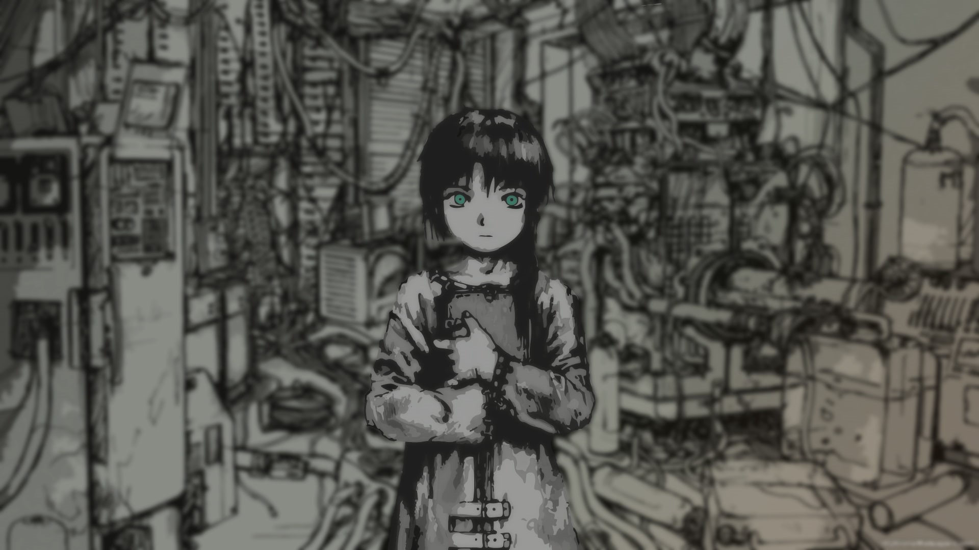 anime girls, waist up, architecture, selective coloring, lifestyles, human representation, focus on foreground, disguise, building exterior, green eyes, HD Wallpaper