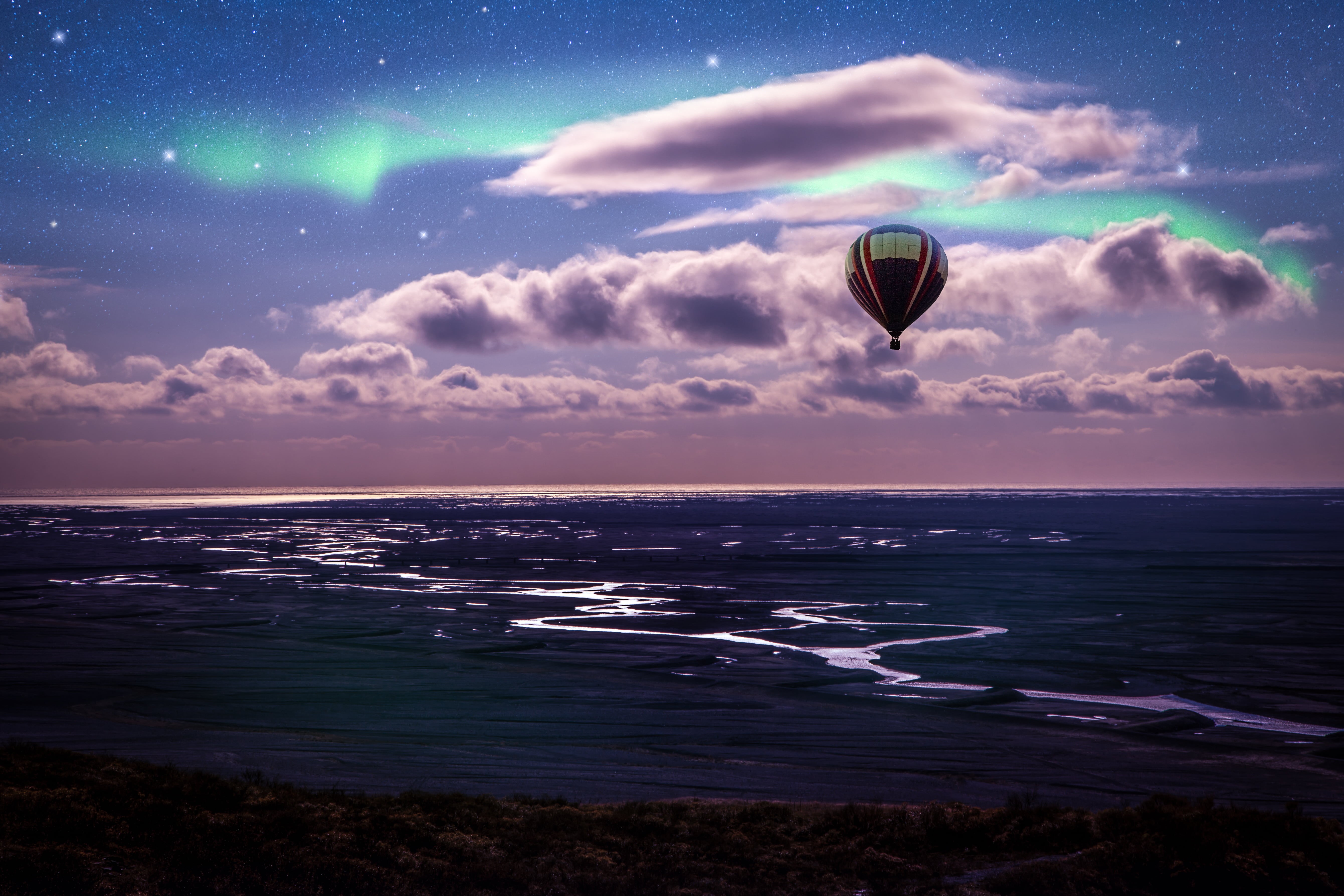 landscape, travel, air, adventure, sea, summer, hot Air Balloon, Photoshop, body of water, body, aurora  boreal, se, flying, sky, ballon, scenics, globo, HD Wallpaper