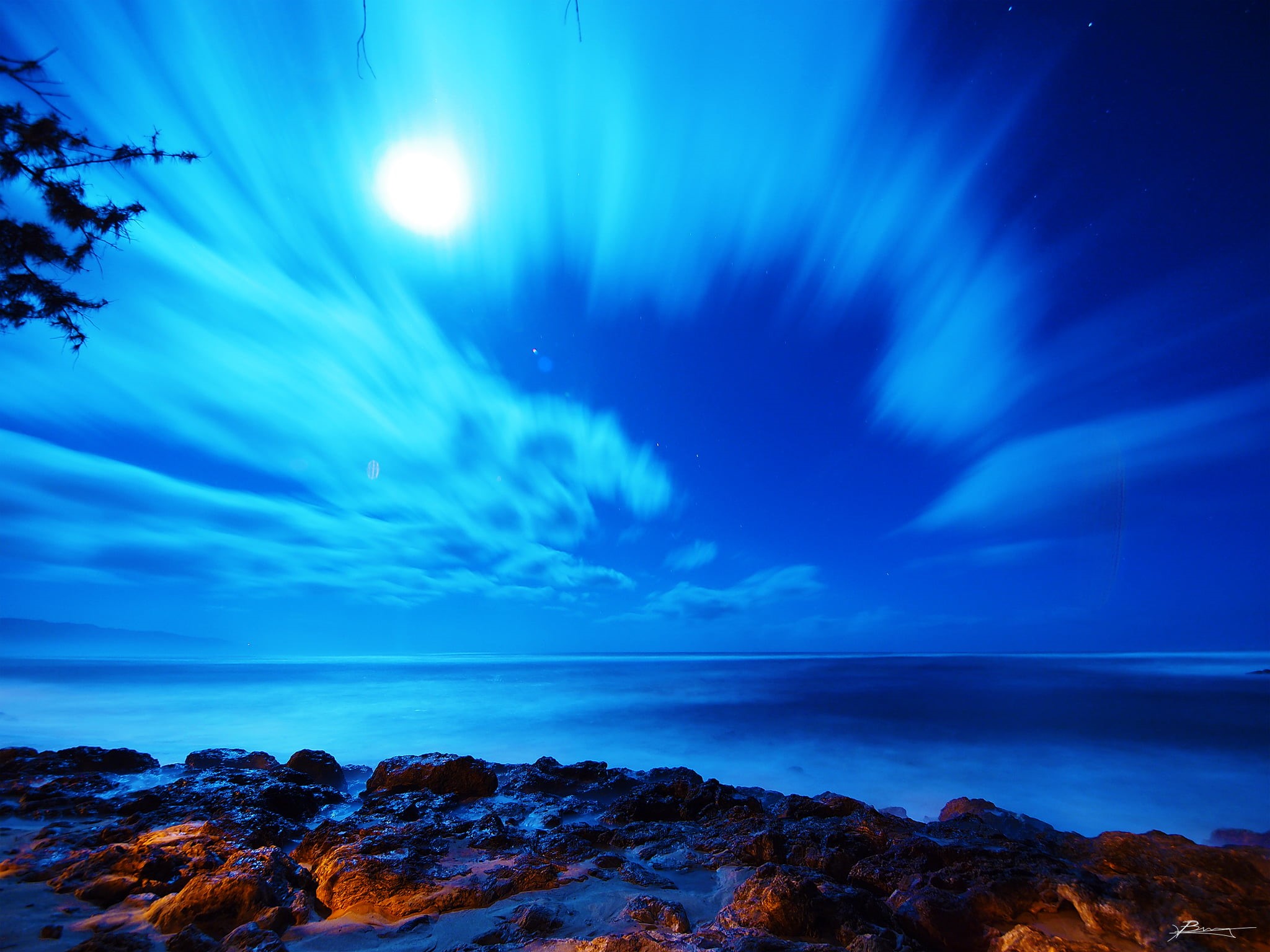 summer, oahu  hawaii, rocks, beach  sand, blue, landscape, time, shore, coastline, night, sunlight, clouds, night time, scenics, rock - Object, moonlight shadow, HD Wallpaper
