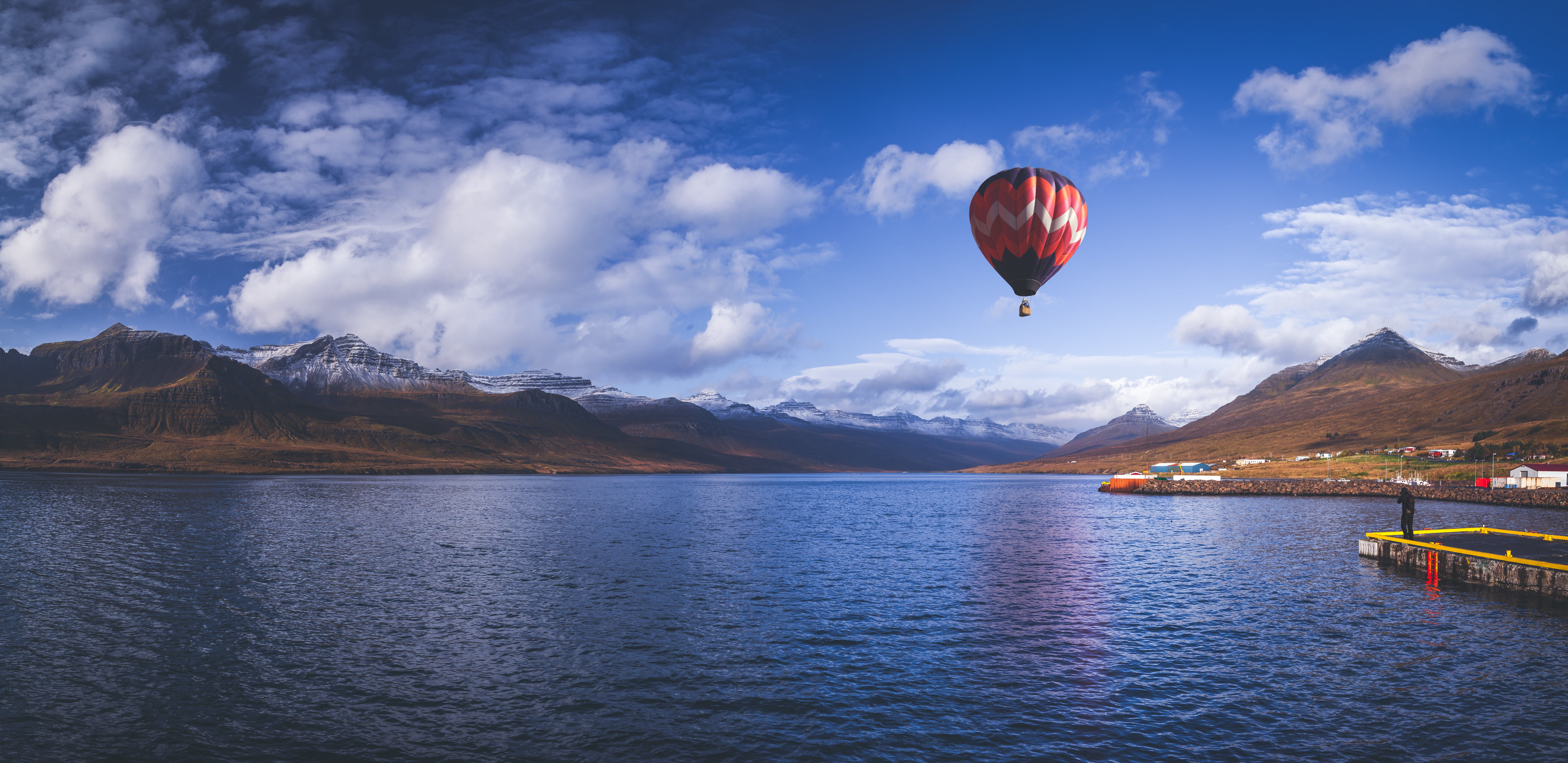 nature, outdoors, body of water, hot Air Balloon, ballon, 8K, Up, globo, travel, photoshop, reyðarfjörður, water, summer, landscape, mountain, sky, fjord, HD Wallpaper
