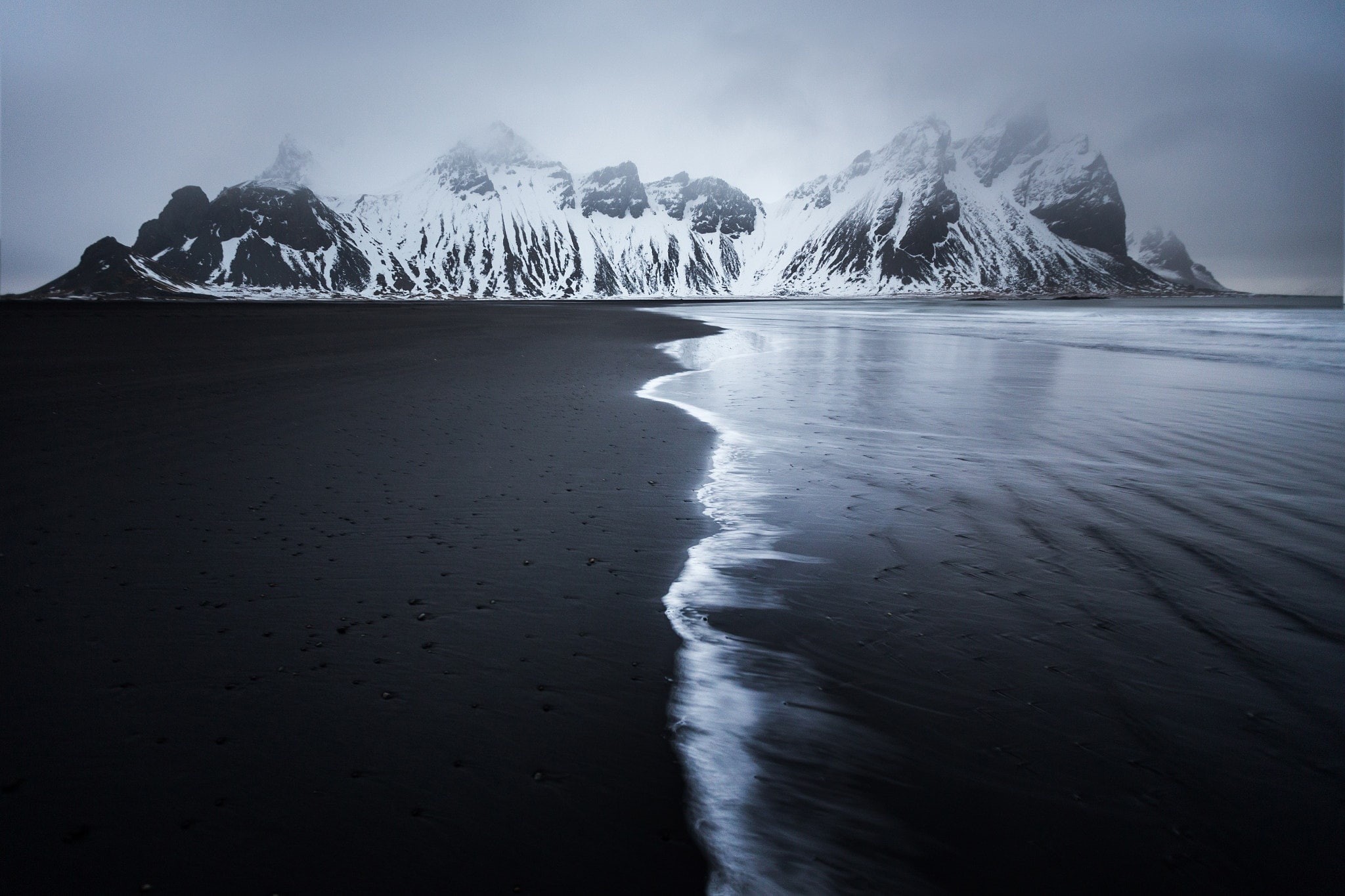 landscape, 1080P, black Sand, Dark, sea, snow, beach, nature, mountains, monochrome, Coast, HD Wallpaper