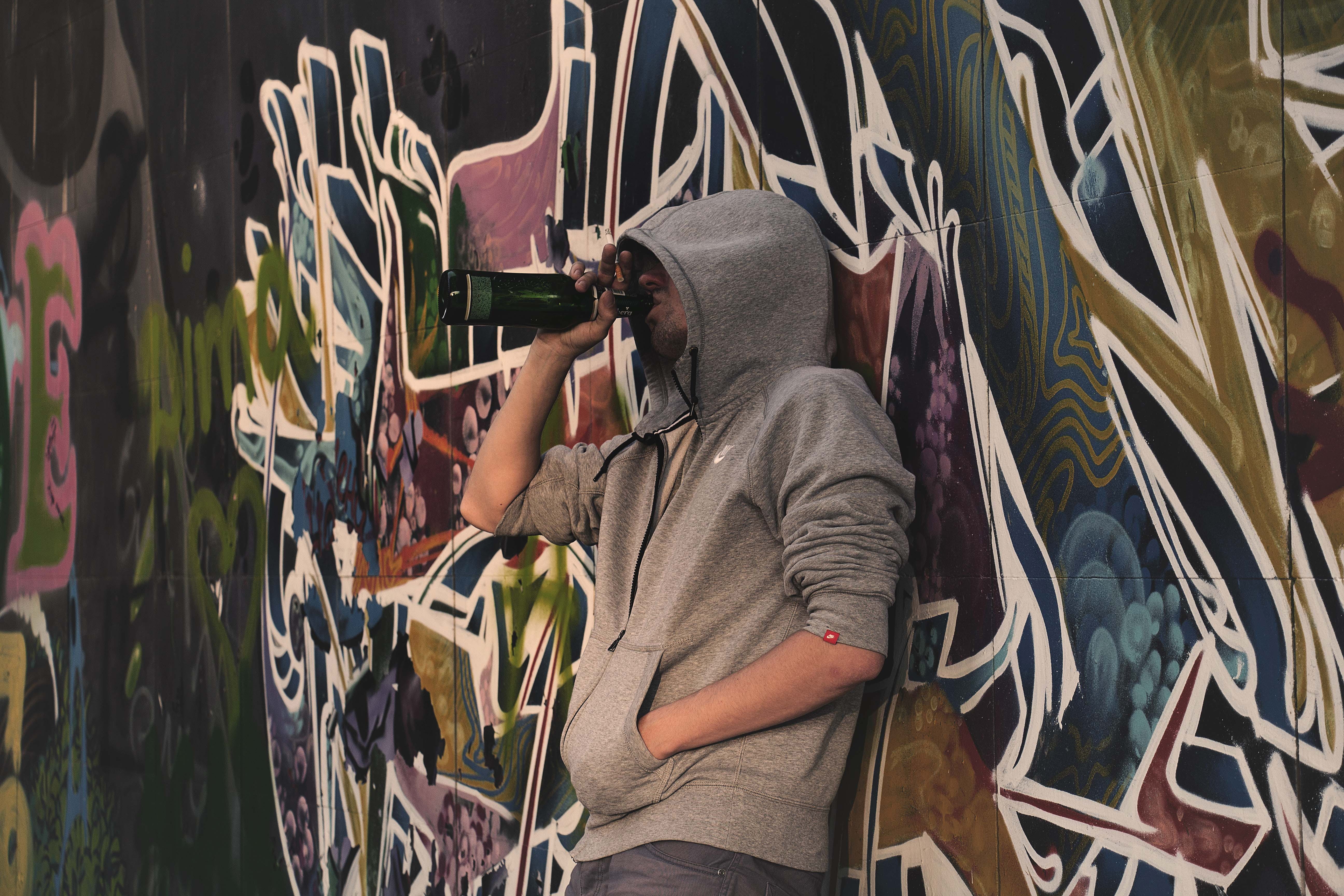 alcoholic beverage, gloomy, wine, on the street, holding, hangover, graffiti, sadness, wall - building feature, standing, booze, leisure activity, suicide, HD Wallpaper