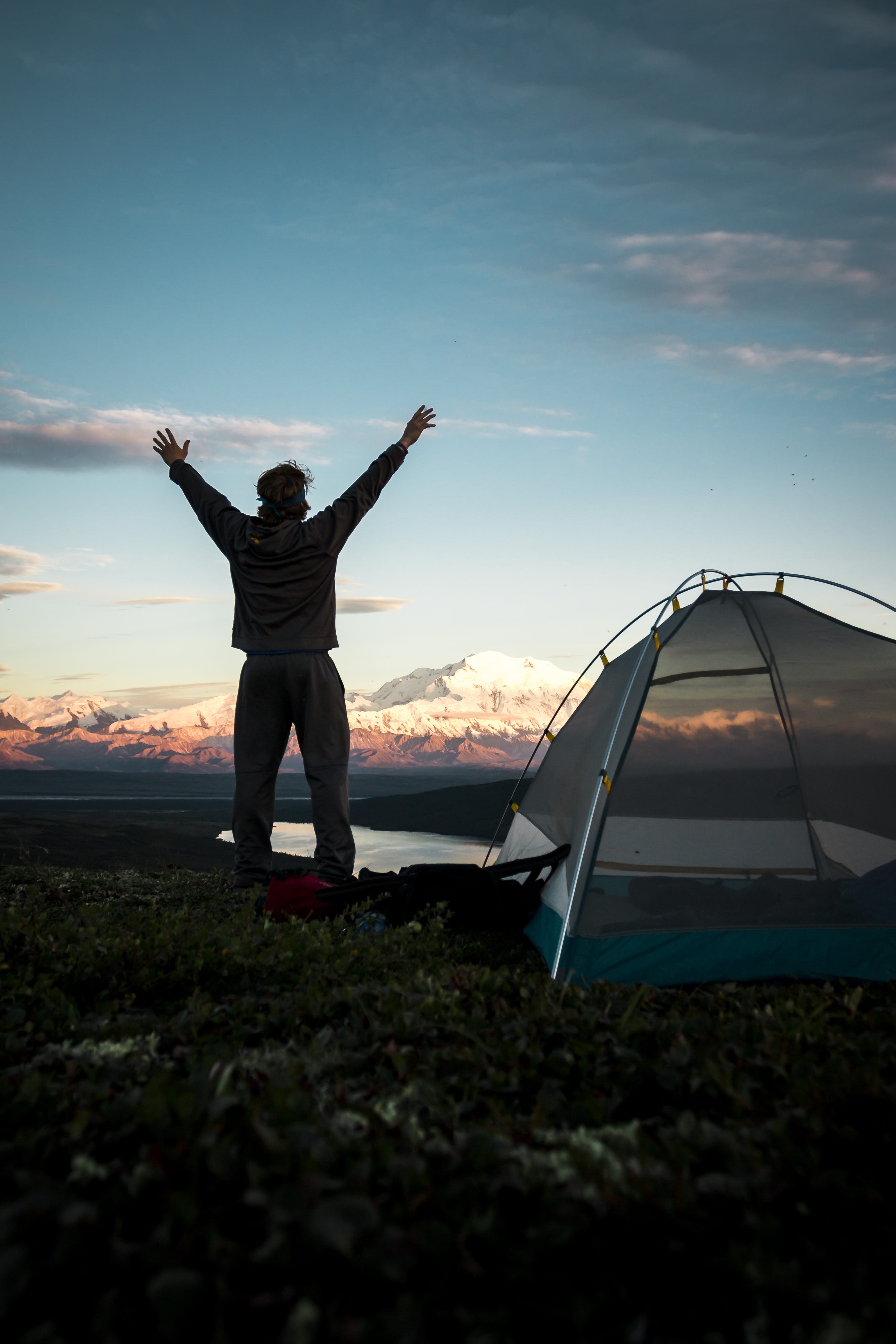 scenics, arms Outstretched, tent, beauty In Nature, journey, cheerful, travel, male, females, vacations, adult, backpacker, sunset, outdoor, lifestyles, Phone HD Wallpaper