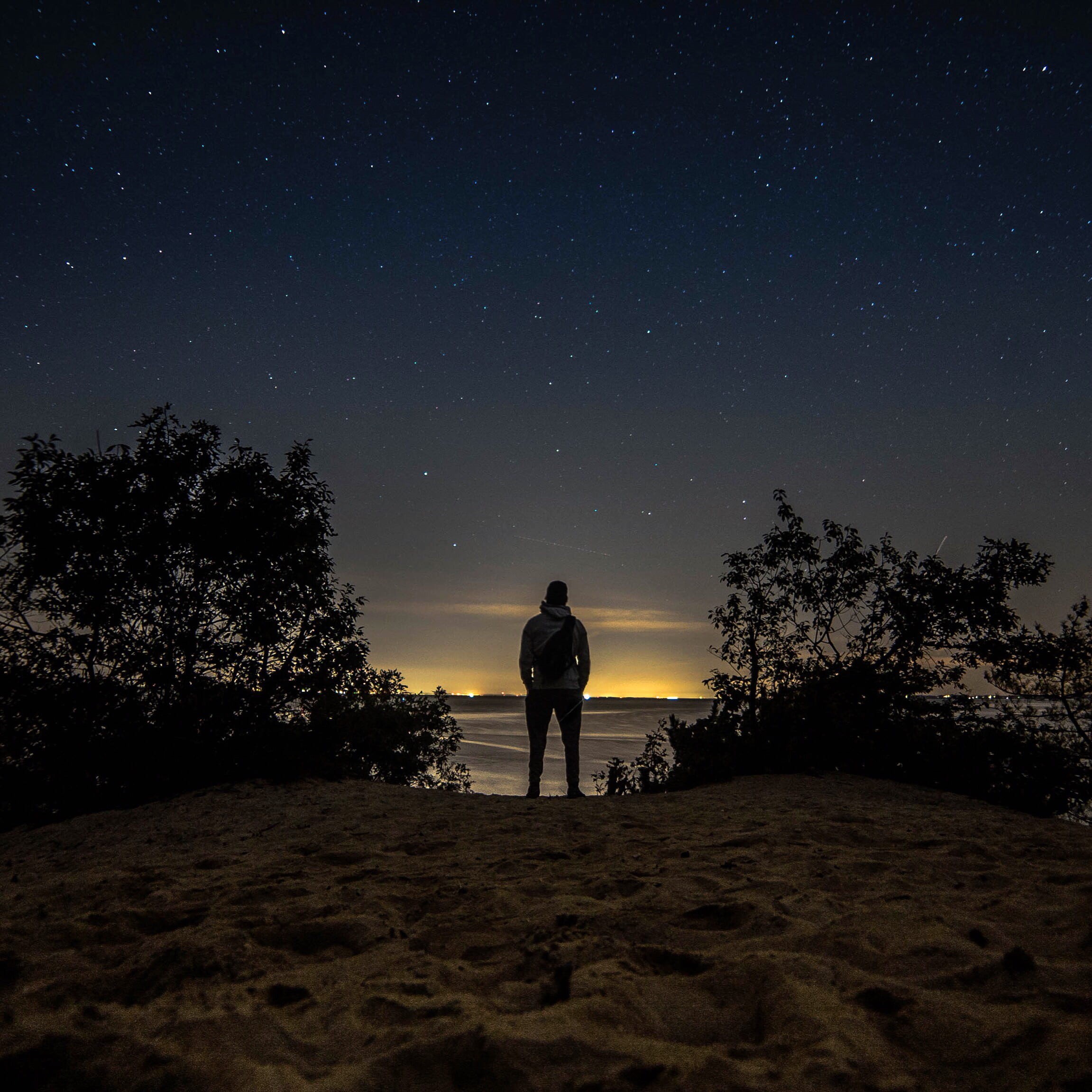 night, scenics - nature, water, staring, land, silhouette, starry, beach, real people, tree, nature, tranquility, body, 1080P, front, beauty in nature, Phone HD Wallpaper