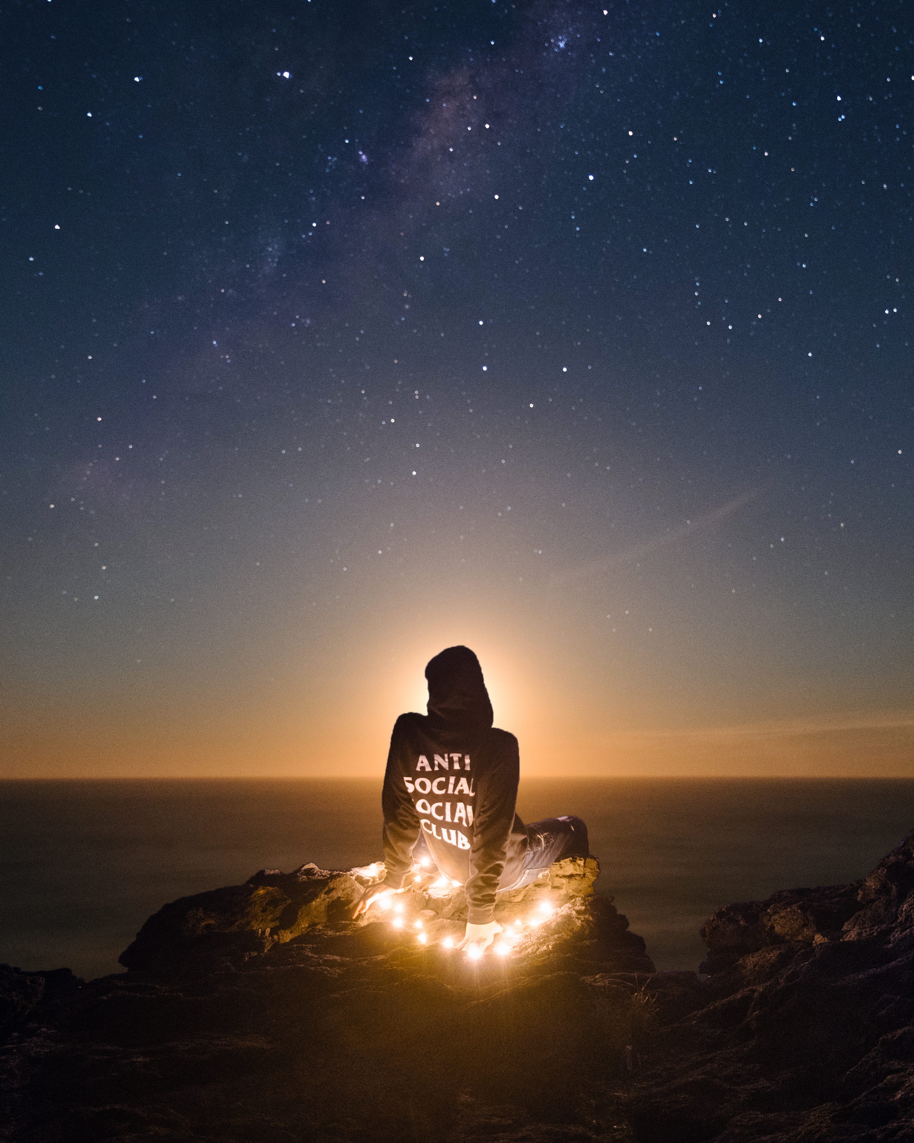 club, water, mountain, sky, black, scenics - nature, adult, rock - object, social, hoodie, Social Club, 2K, star - Space, one woman only, cliff, person, Phone HD Wallpaper
