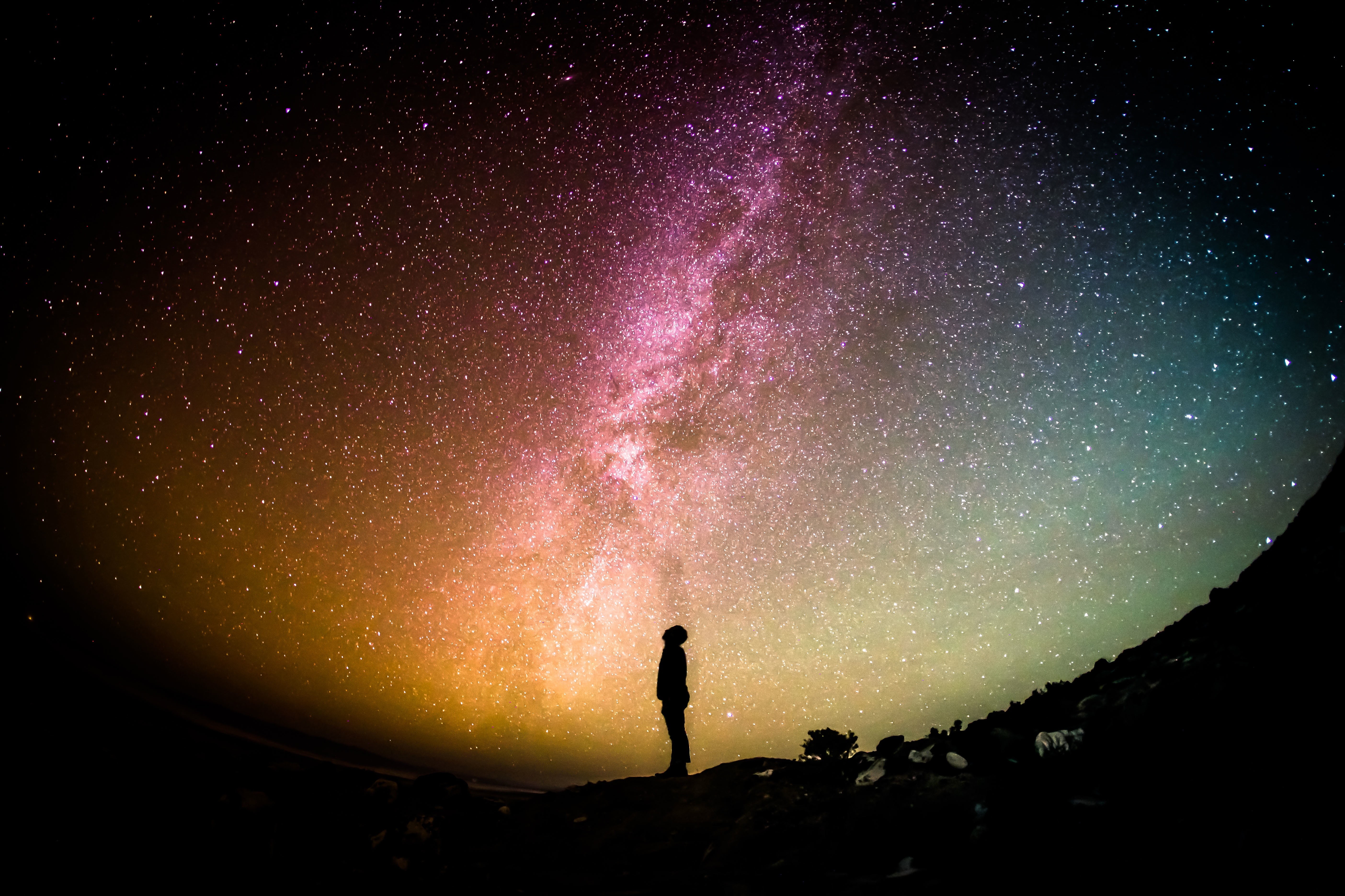 space, purple, standing, sky, evening, looking, shadow, nature, galaxy, one man only, milky way, one person, star - space, people, low angle view, majestic, HD Wallpaper