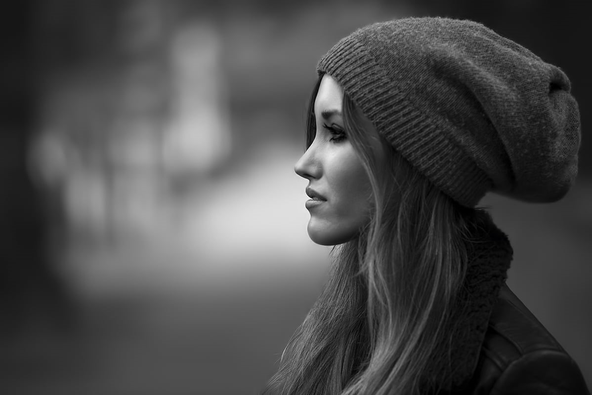 fullframe, side, lifestyles, frame, people, real, beauty, knitted cap, adult, Lorena, cap, grayscale, D810, side view, fashion Model, D800, f5.6, cold, HD Wallpaper