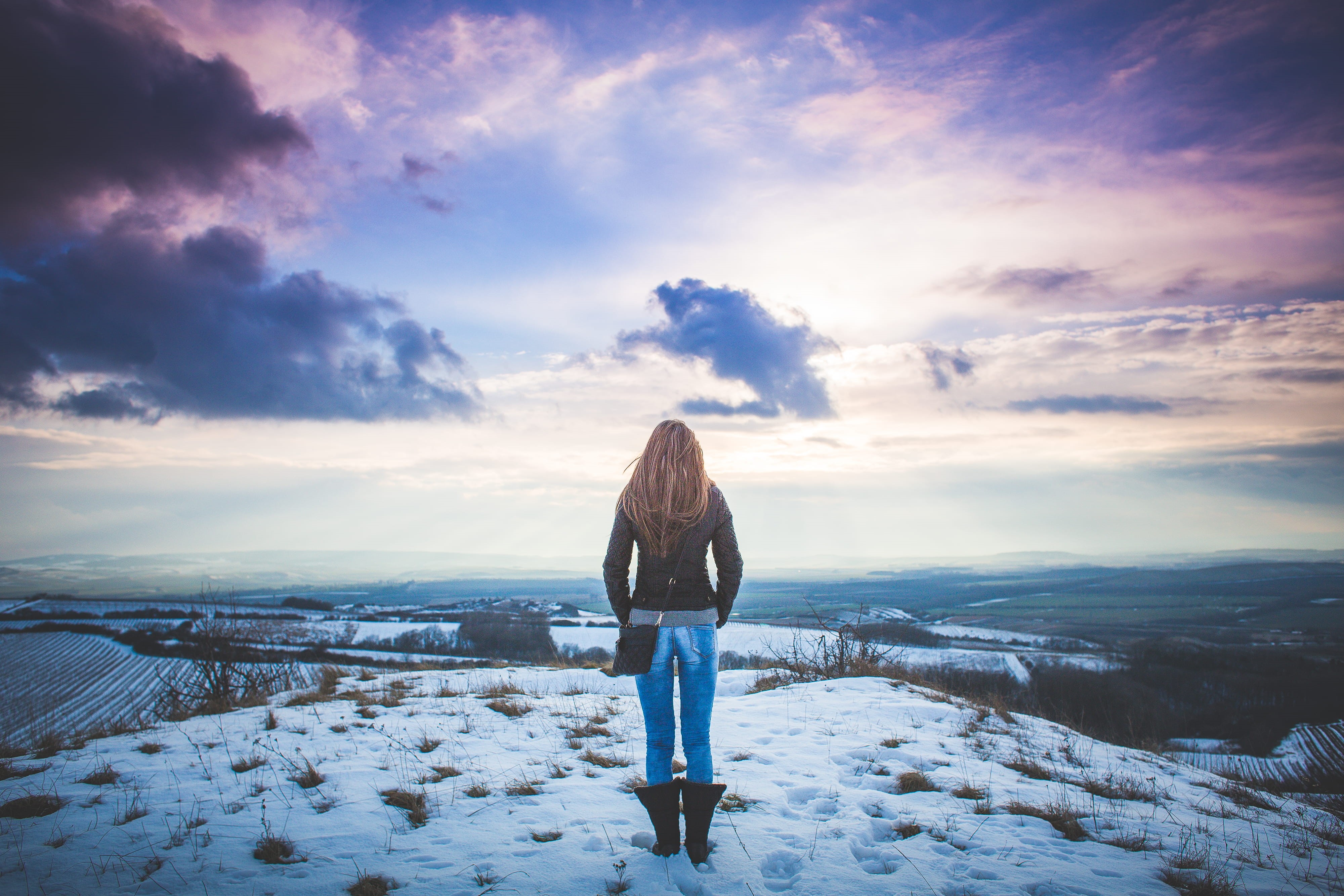 Girl, looking at view, landscape, scenics - nature, real people, sky, fantasy, nature, full length, 4K, vacations, clouds, warm clothing, panorama, caucasian Ethnicity, HD Wallpaper