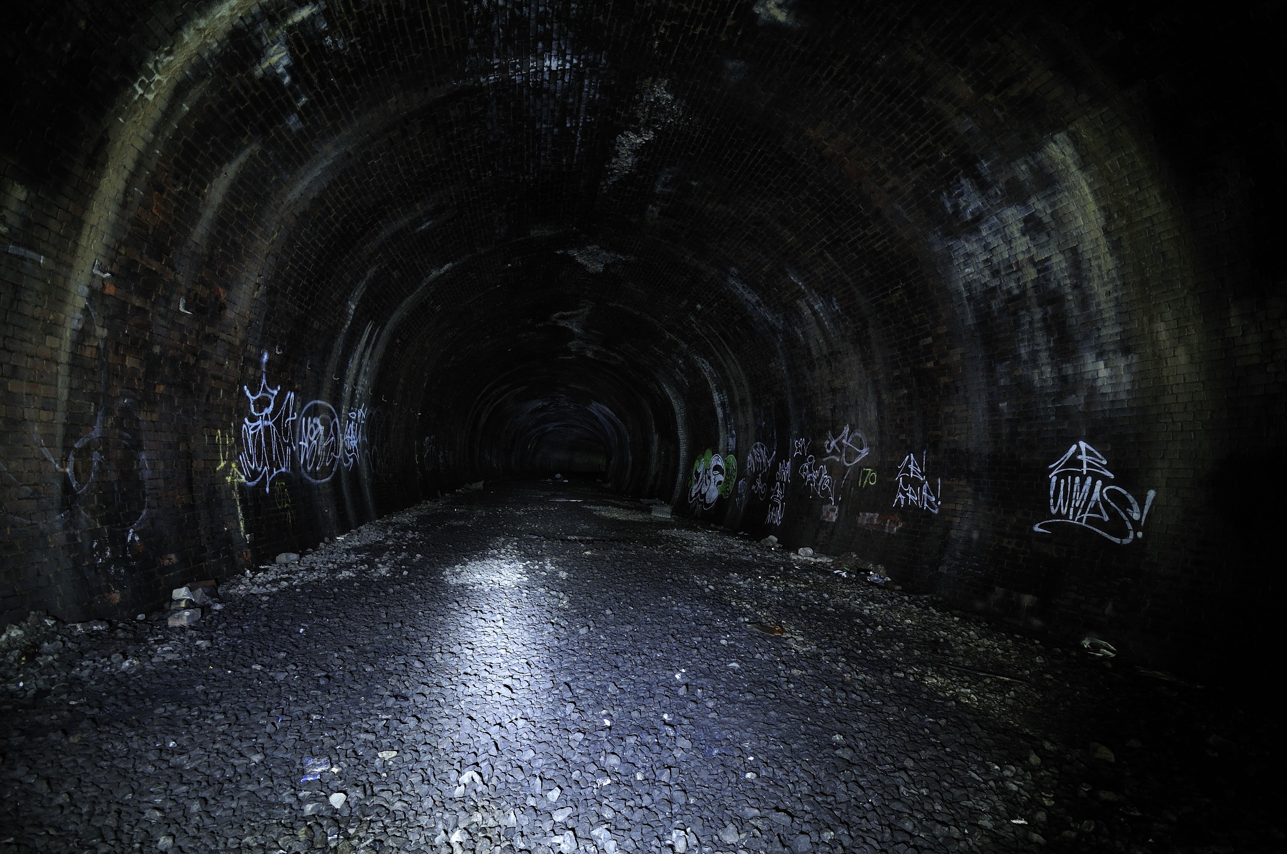 nature, arch, indoors, diminishing perspective, ceiling, built structure, transportation, no people, dark, concrete, footpath, night, graffiti, wet, long, HD Wallpaper