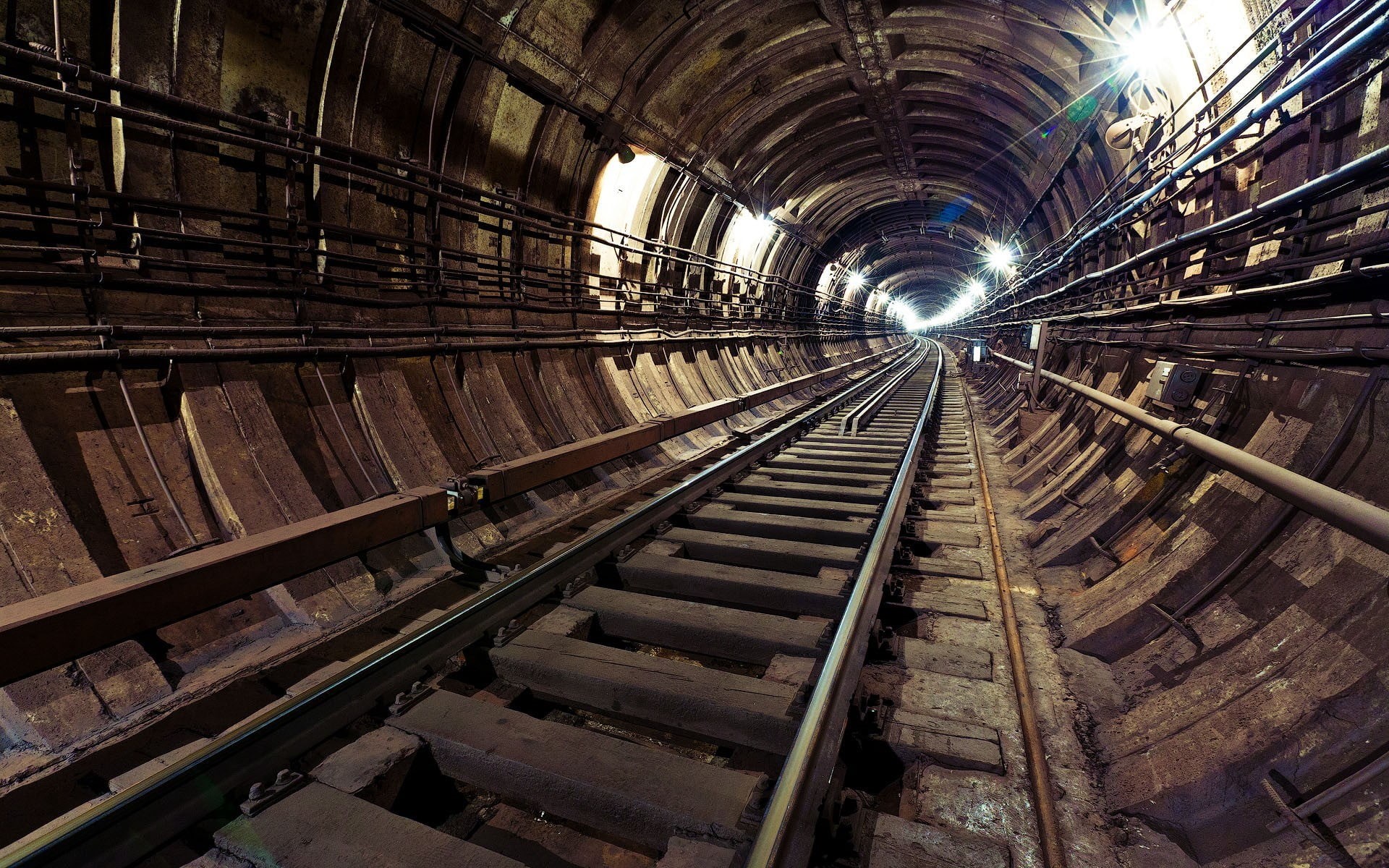 built structure, 1080P, indoors, track, rail transportation, railroad track, lights, public transportation, brown, metal, tunnel, architecture, transportation, HD Wallpaper
