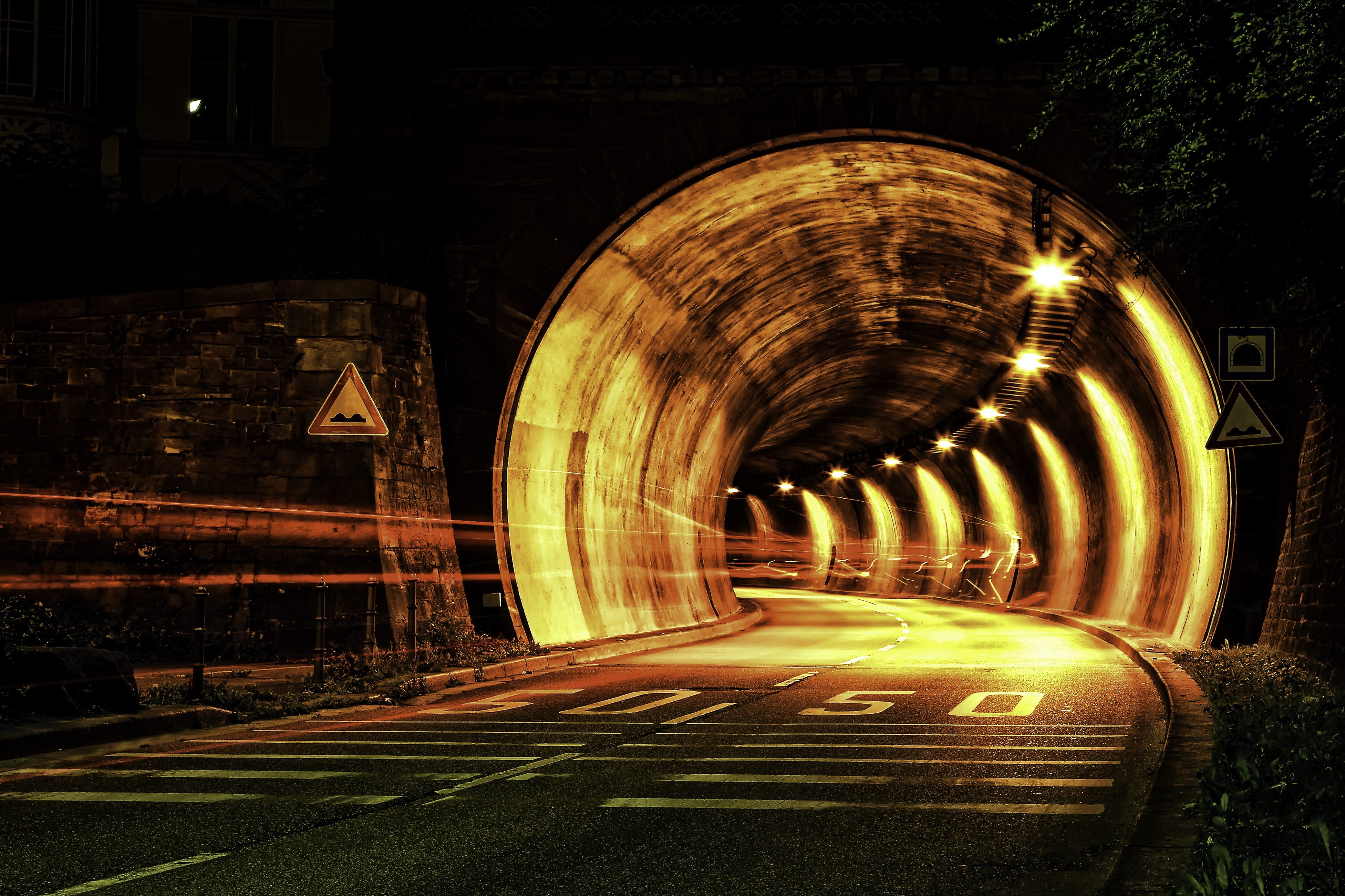 symbol, city, night, arch, long, architecture, sign, concrete, road marking, marking, no people, empty, diminishing perspective, built structure, tunnel, HD Wallpaper