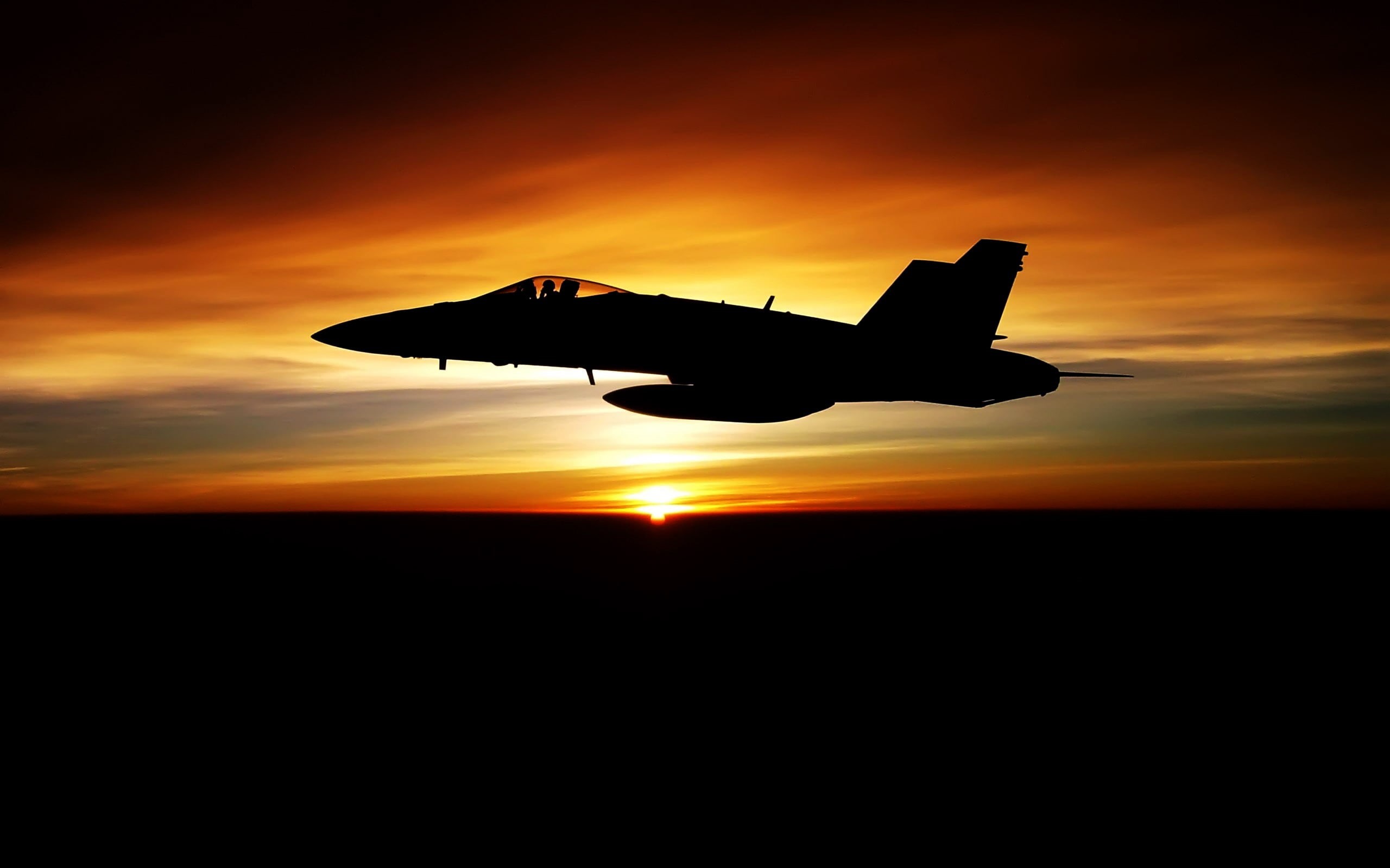 air vehicle, golden, scenics - nature, plane, orange color, mode of transportation, on the move, sunset, aircraft, FA-18 Hornet, sky, military aircraft, HD Wallpaper