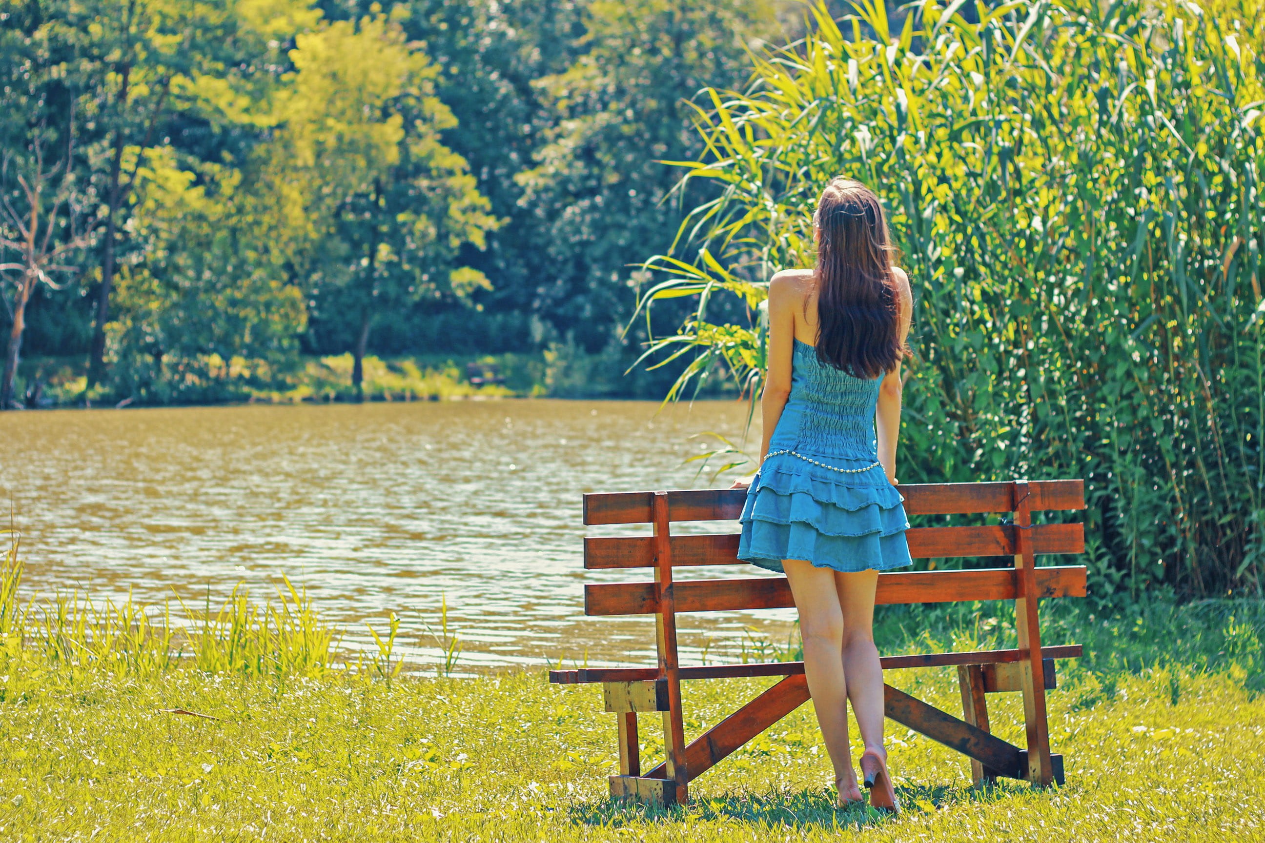 dress, happiness, long hair, blue, public domain, photos, contemplation, standing, people, springtime, hair, autumn, park bench, fashion, solitude, landscape, HD Wallpaper