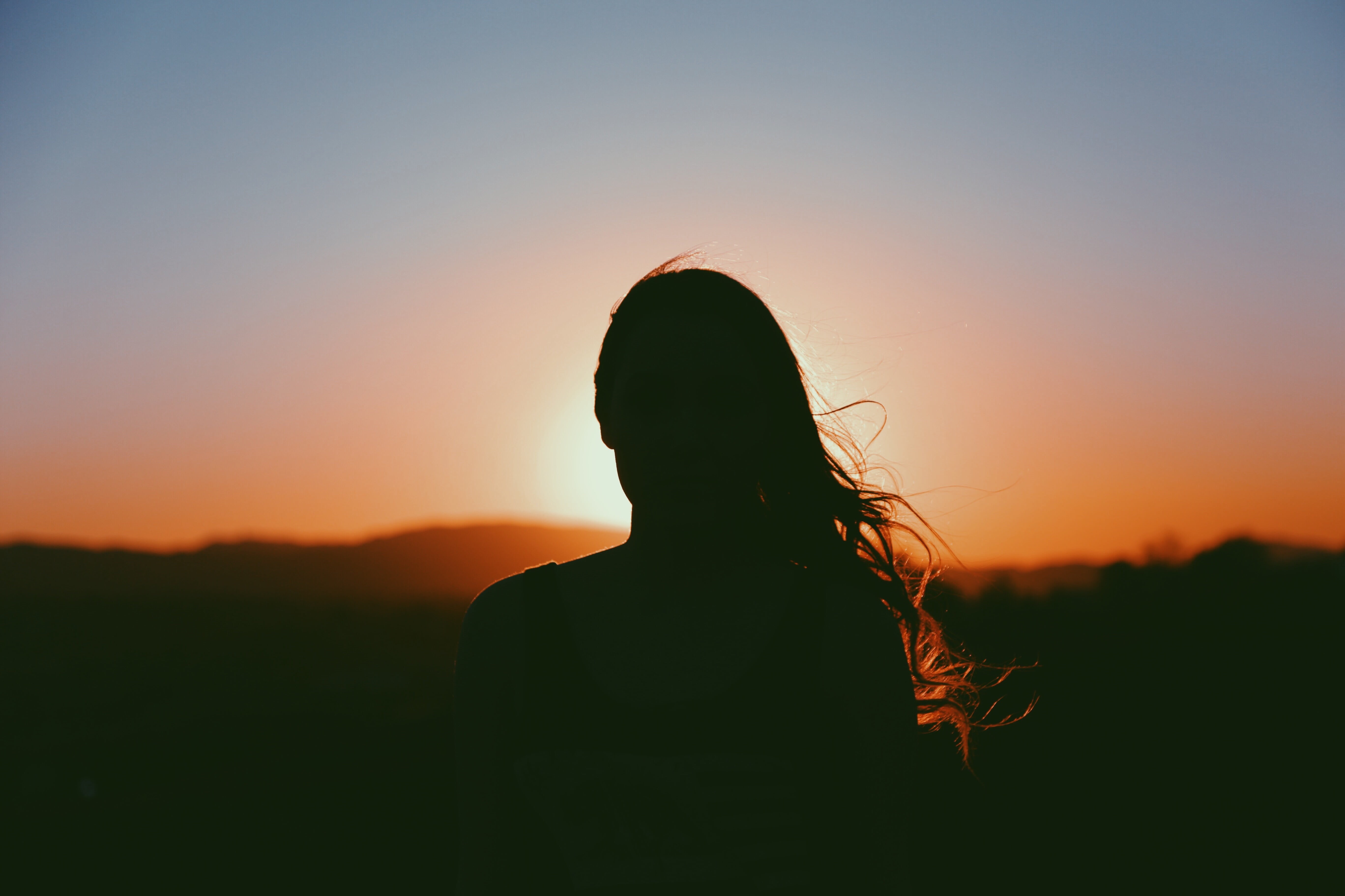 adult, long hair, women, girl, tranquility, woman, one woman only, beauty in nature, orange color, only women, photography, sunset, standing, contemplation, HD Wallpaper