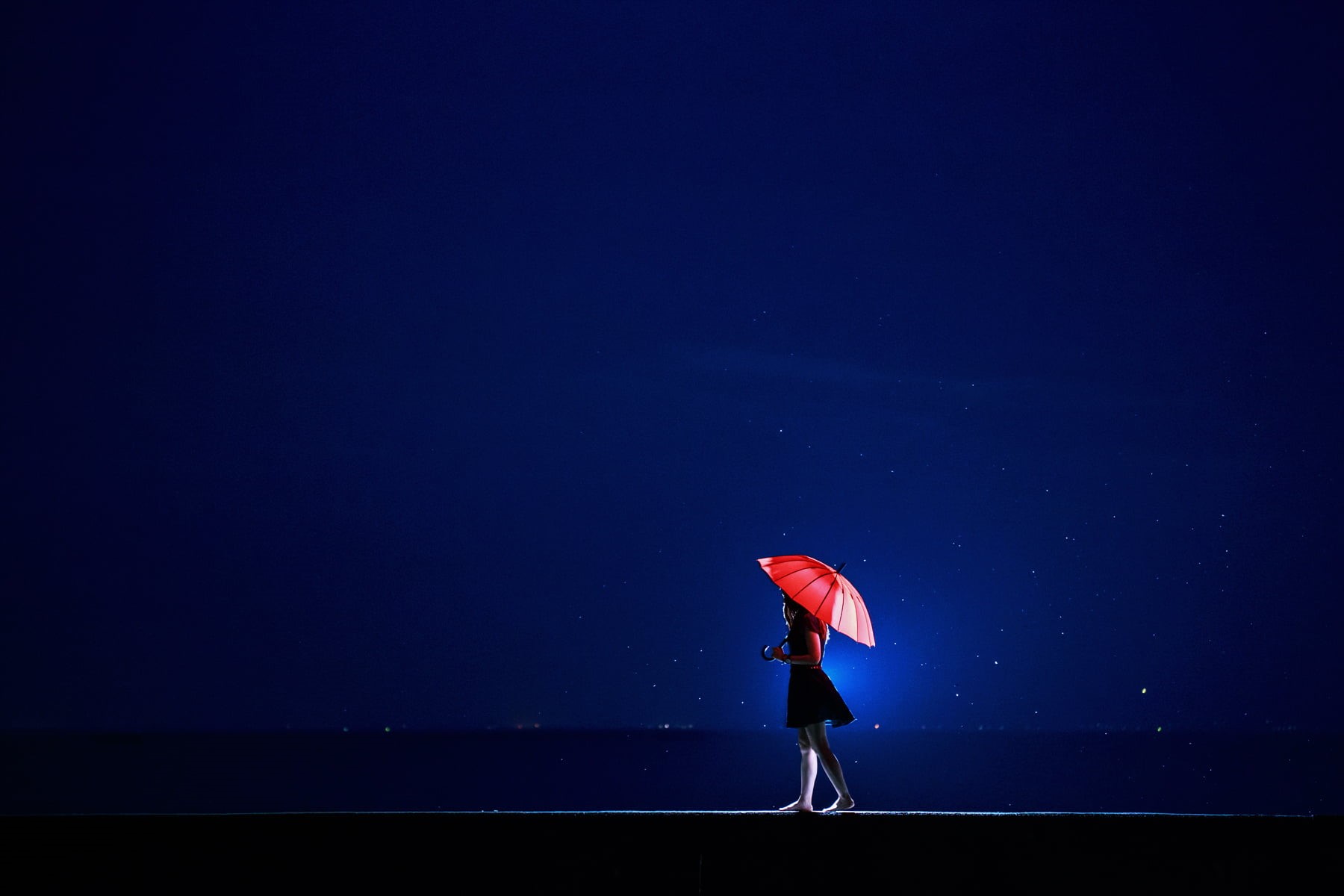 adult, silhouette, outdoors, solitude, blue, dark, woman, protection, barefoot, dress, umbrella, black, full length, copy space, lifestyles, nature, night, HD Wallpaper