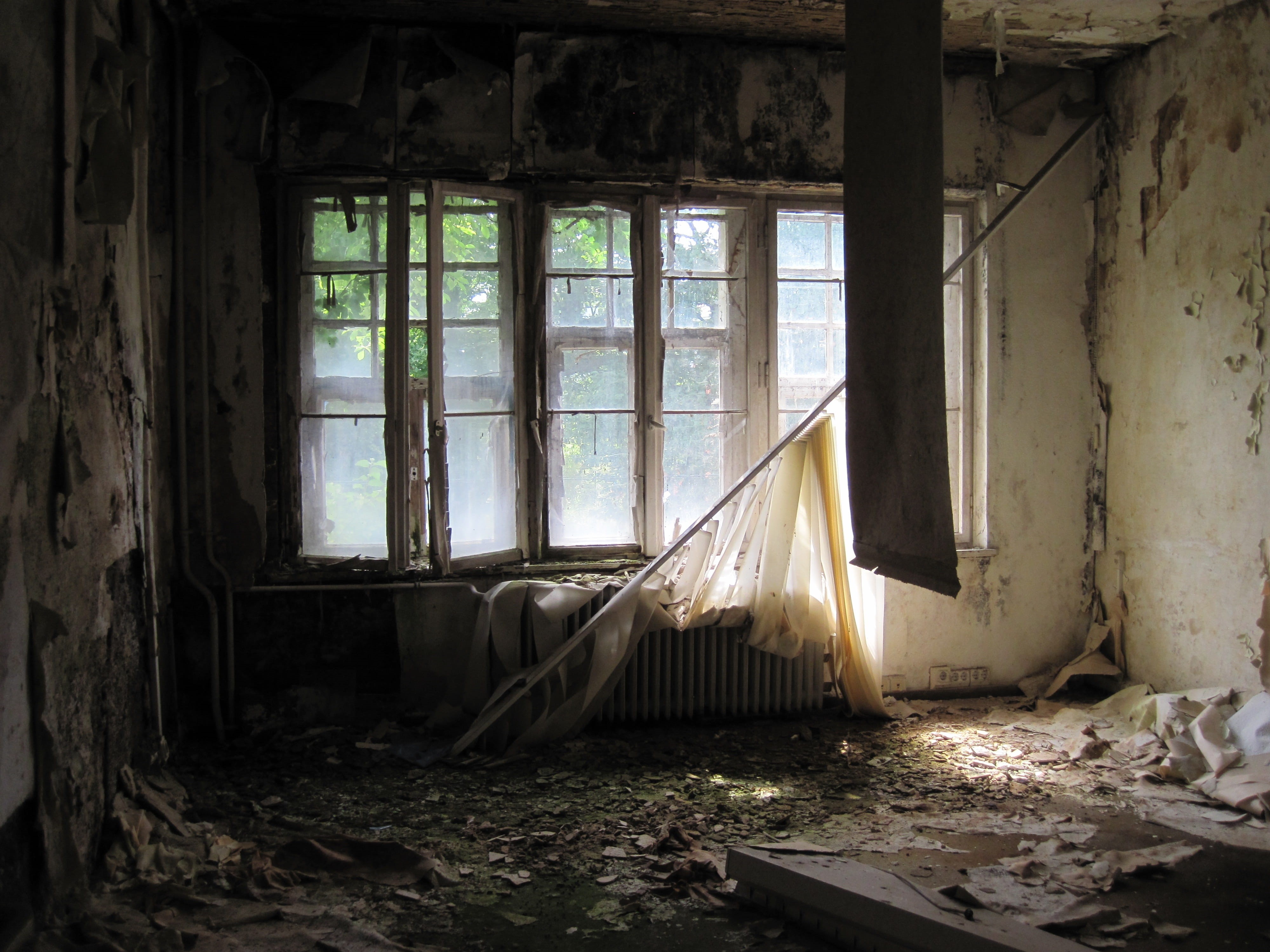 abandoned, dilapidated, demolished, white, old, lost places, transience, indoors, curtain rod, forget, run down, obsolete, damaged, window, windowpane, HD Wallpaper