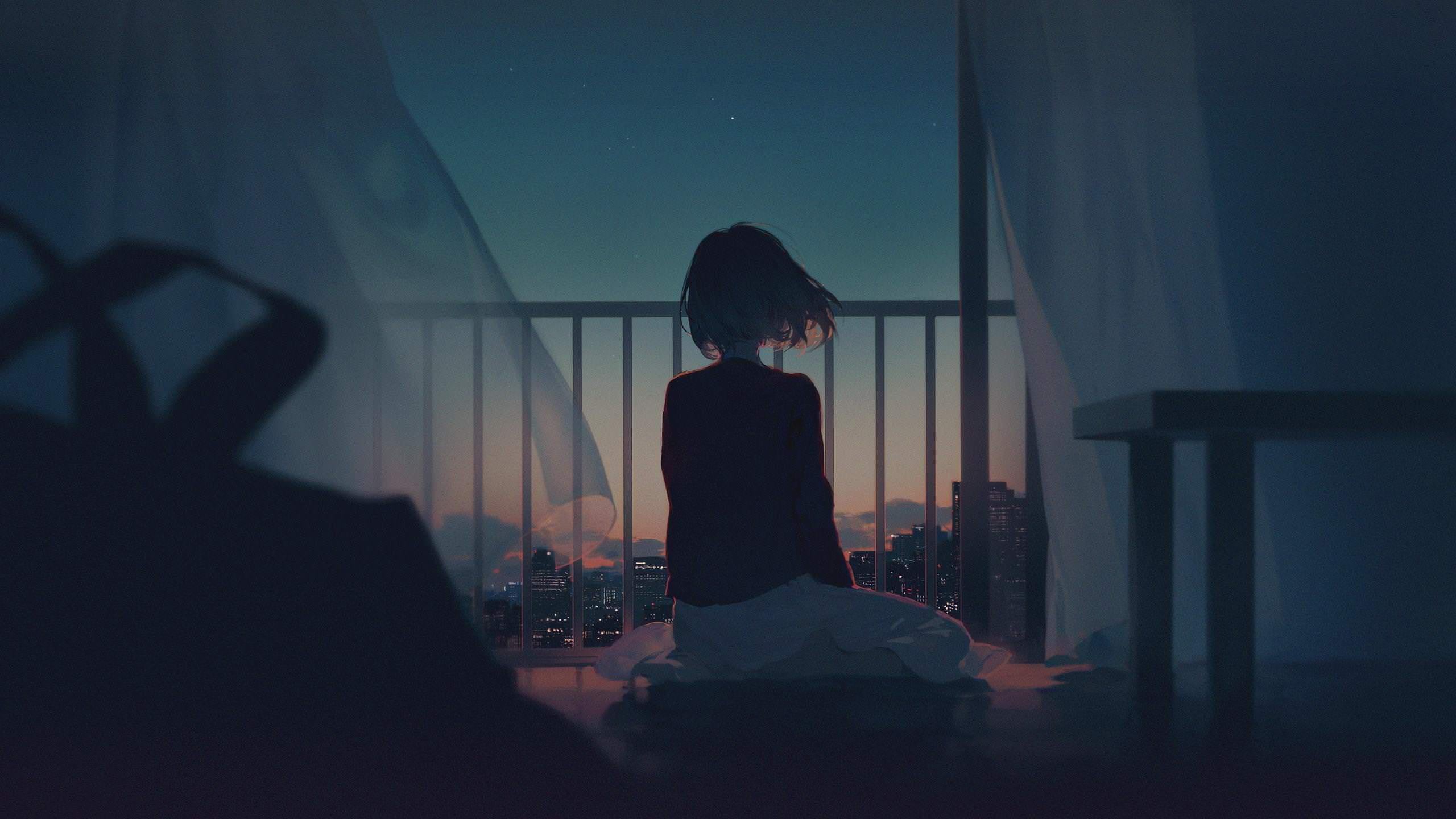 anime girls, curtain, anime, Open Windows, window, 2K, dusk, curtains, HD Wallpaper