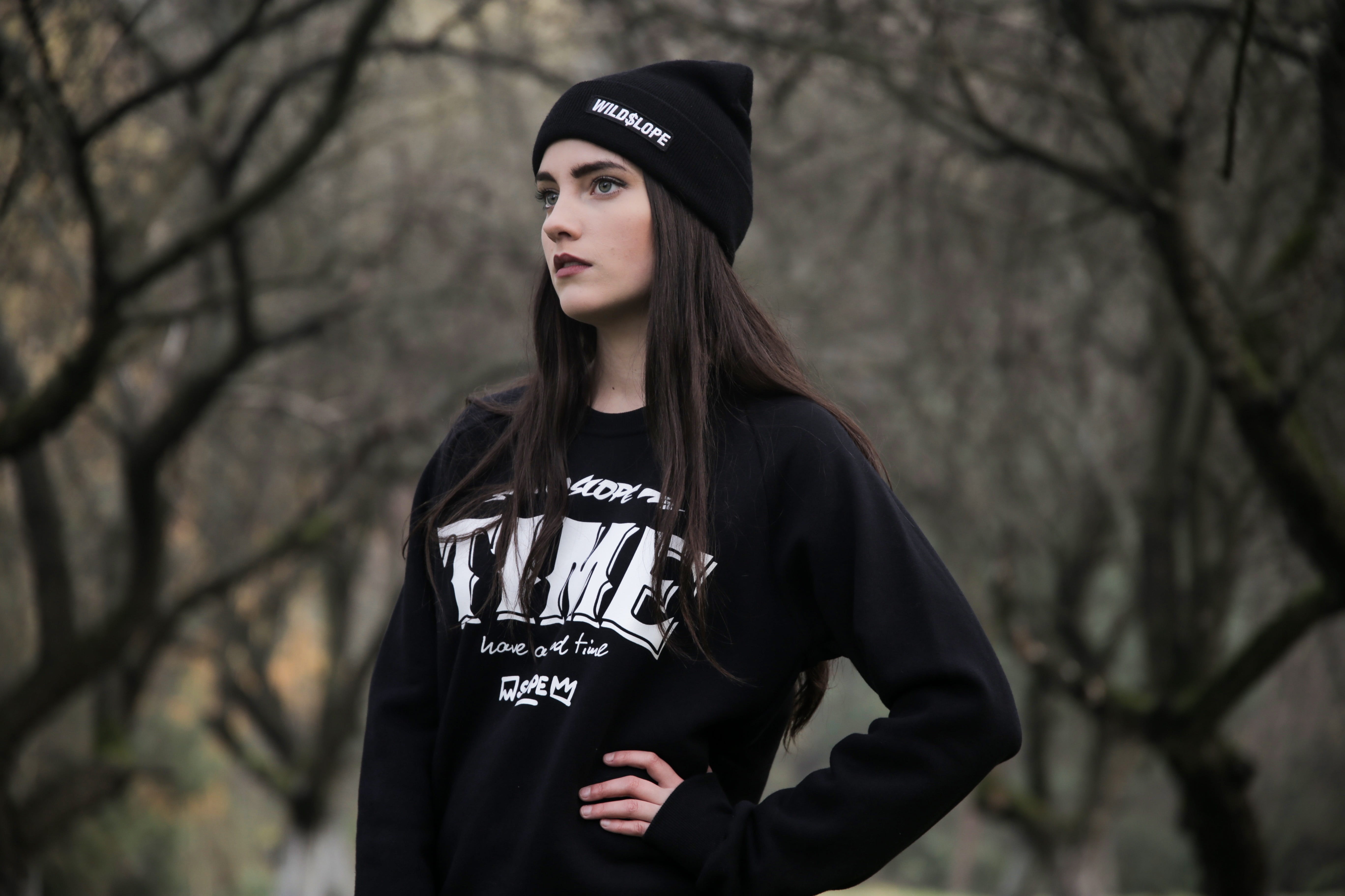 beautiful woman, young, teenager, plant, black, sweater, facial expression, youth, black color, pose, photoshoot, one person, focus on foreground, nature, HD Wallpaper