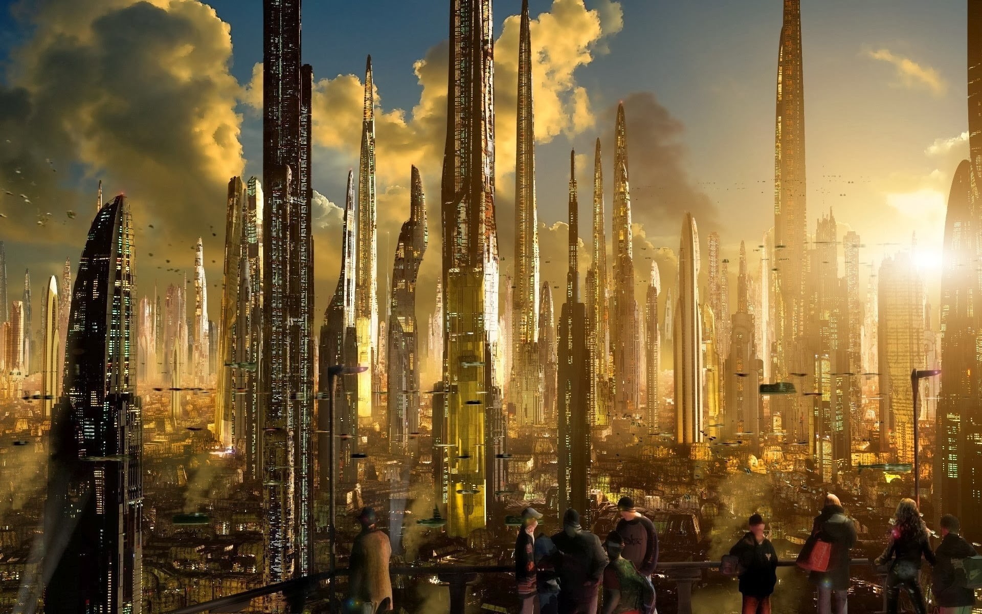 1080P, building, city, sky, science fiction, wooden, skyscraper, nature, tall - high, futuristic, brown, futuristic city, building exterior, office building exterior, HD Wallpaper
