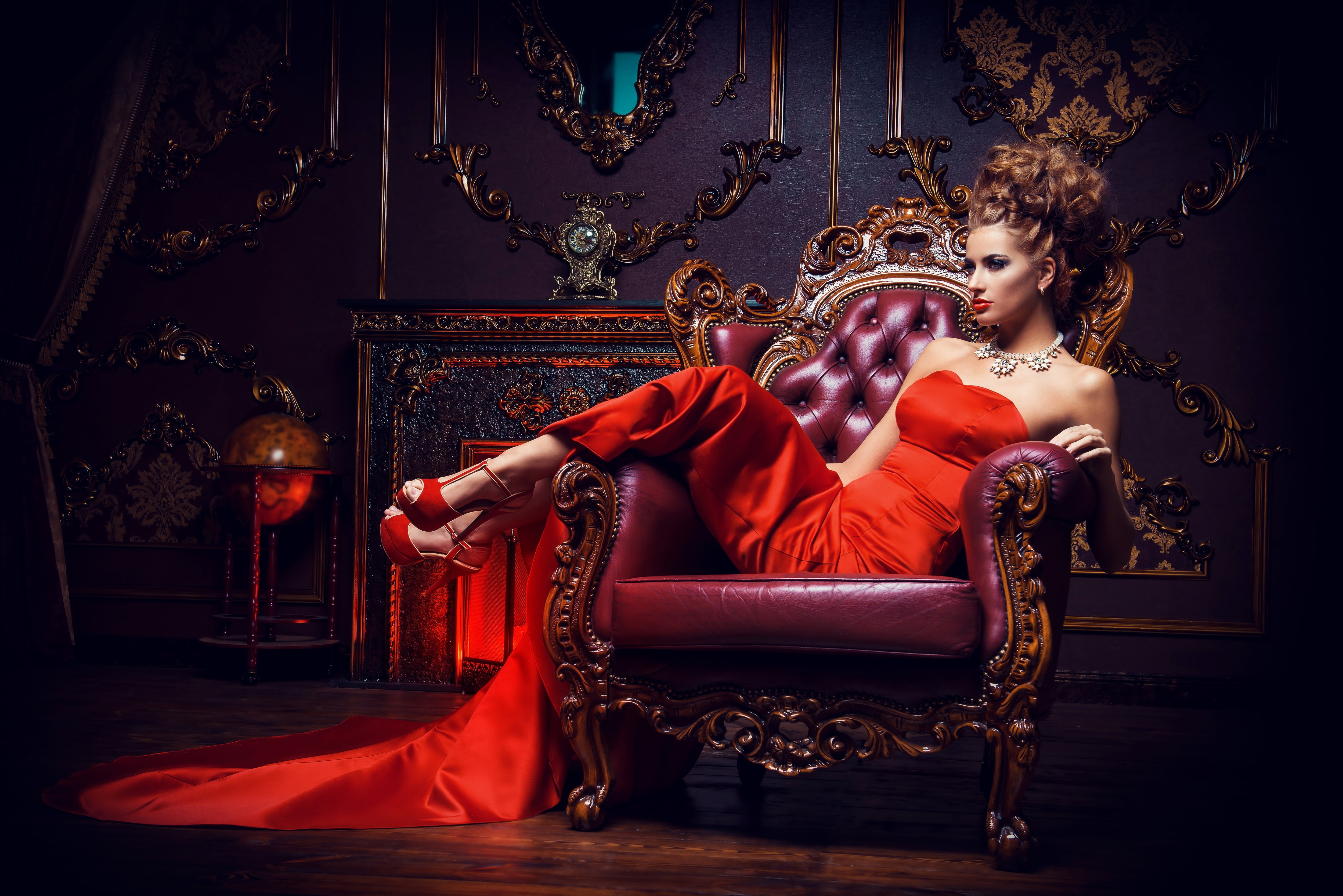 gold colored, looking away, clothing, hairstyle, looking, young women, ornate, beautiful, luxury, furniture, beautiful woman, fashion, red, brown hair, HD Wallpaper