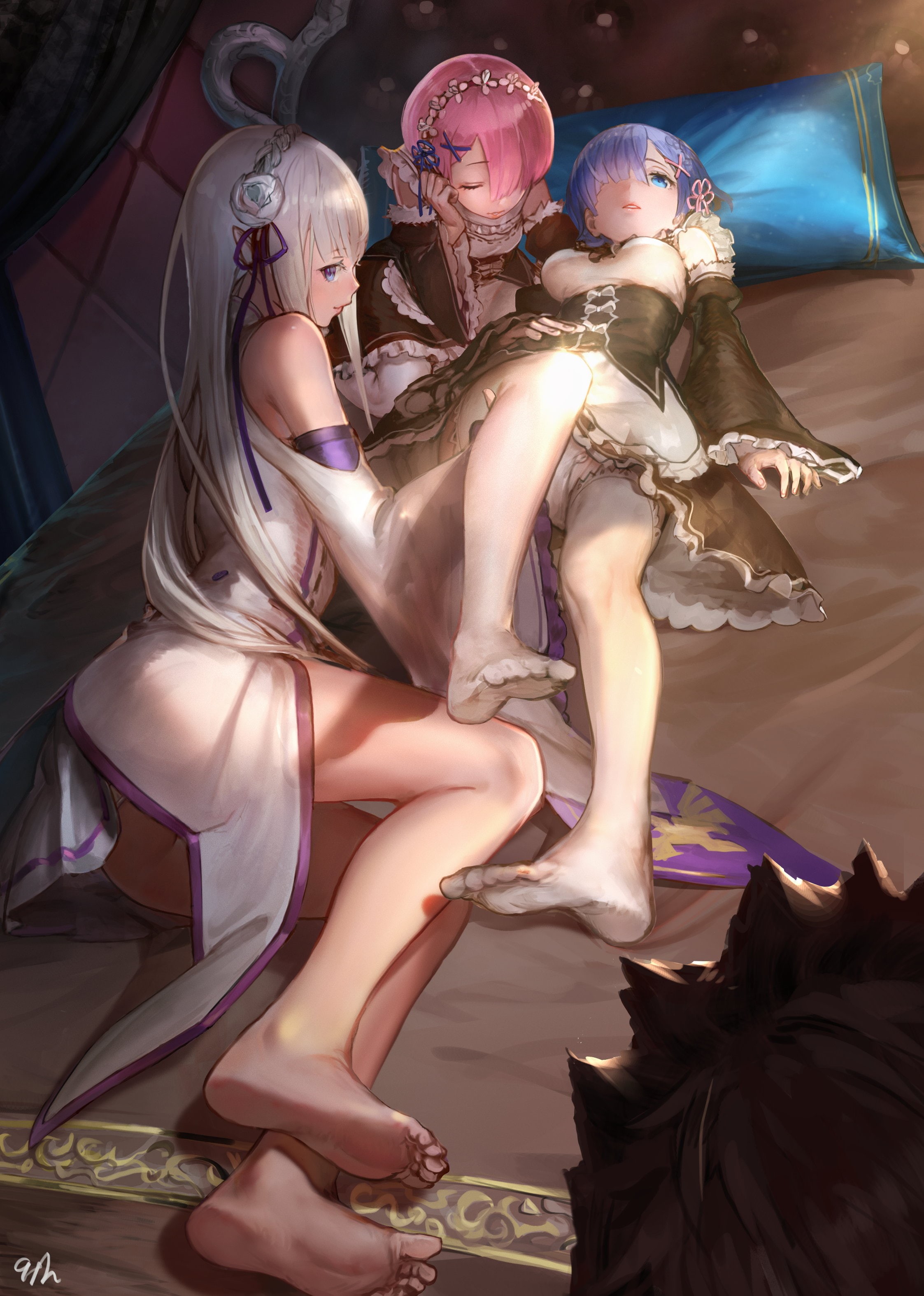 Emilia (Re: Zero), Ram (Re: Zero), young women, Rem (Re: Zero), night, maid, beautiful woman, Re:Zero Kara Hajimeru Isekai Seikatsu, white stockings, anime, Phone HD Wallpaper