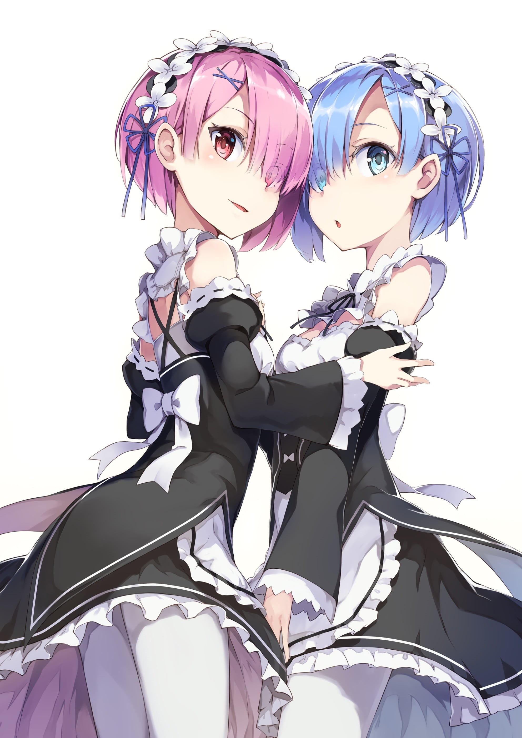 clothing, Rem (Re: Zero), studio shot, females, digital composite, Re:Zero Kara Hajimeru Isekai Seikatsu, 2K, fashion, people, outdoors, creativity, Ram (Re: Zero), Phone HD Wallpaper