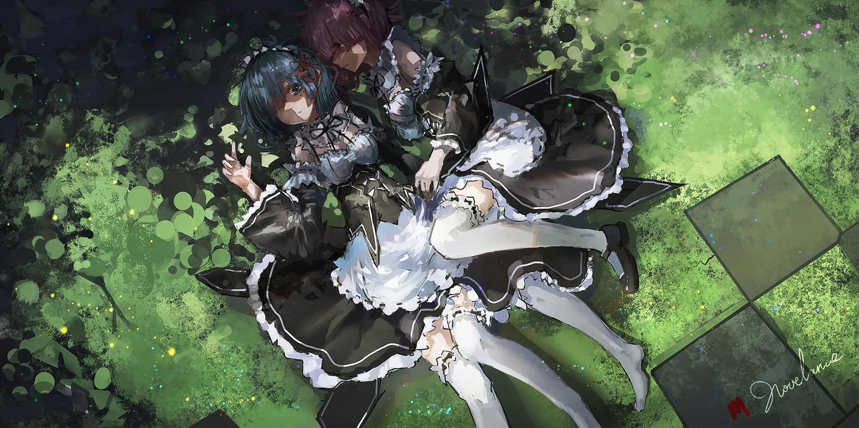 metal, Re:Zero Kara Hajimeru Isekai Seikatsu, leaf, 720P, no people, nature, maid outfit, high angle view, day, maid, blue hair, pink hair, architecture, HD Wallpaper