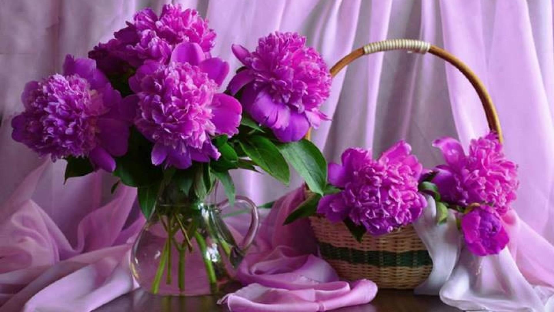 basket, purple, peonies, still-life, beautiful, 1080P, centerpiece, pink, vase, flowers, HD Wallpaper