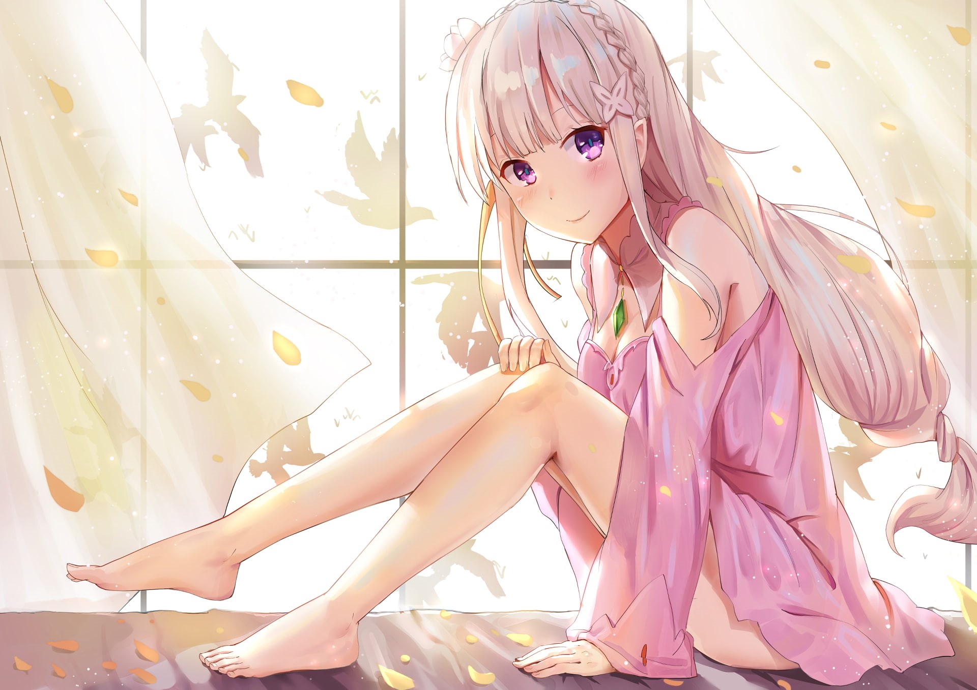 childhood, child, real people, innocence, sitting, white hair, sunlight, cleavage, girls, 1080P, birds, violet eyes, lifestyles, indoors, long hair, leisure activity, HD Wallpaper