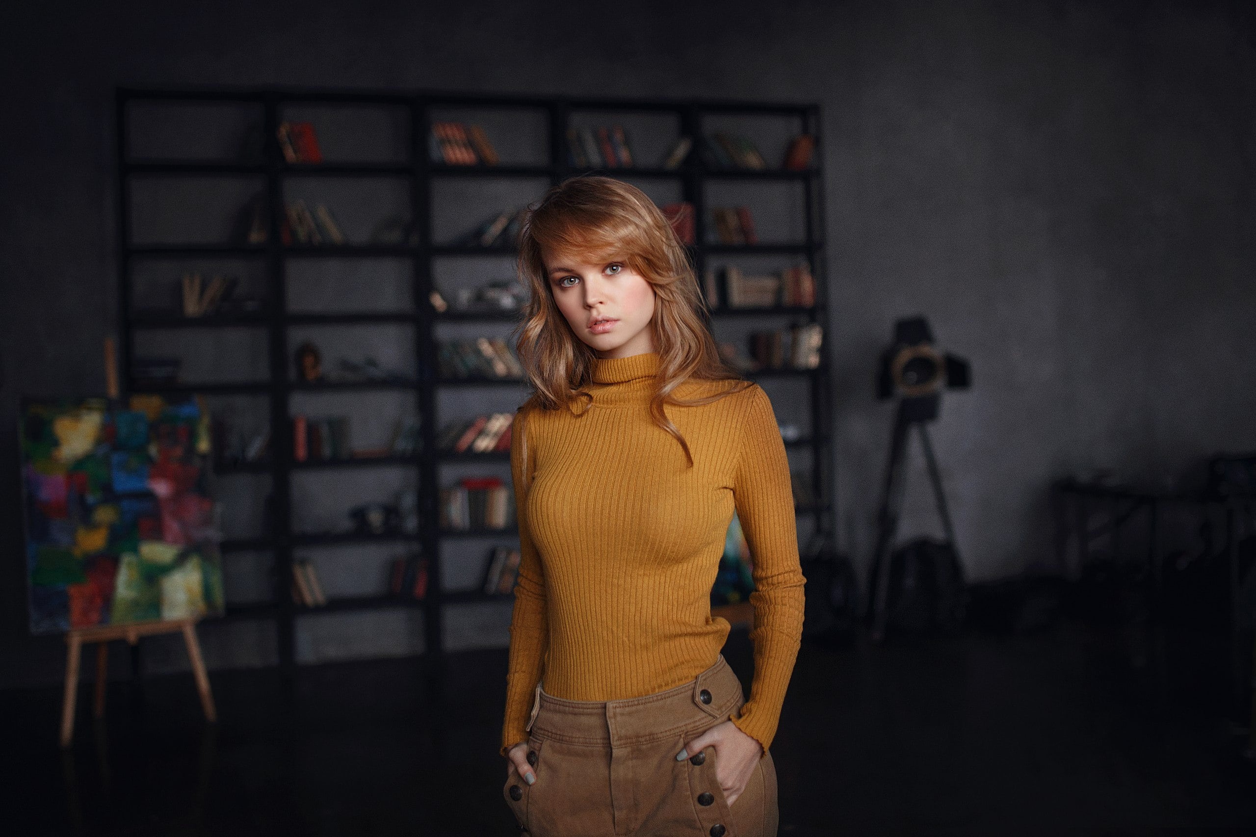 one person, sleeved, women, painted nails, adult, contemplation, yellow sweater, long hair, casual clothing, shirt, standing, model, s, portrait, hair, HD Wallpaper