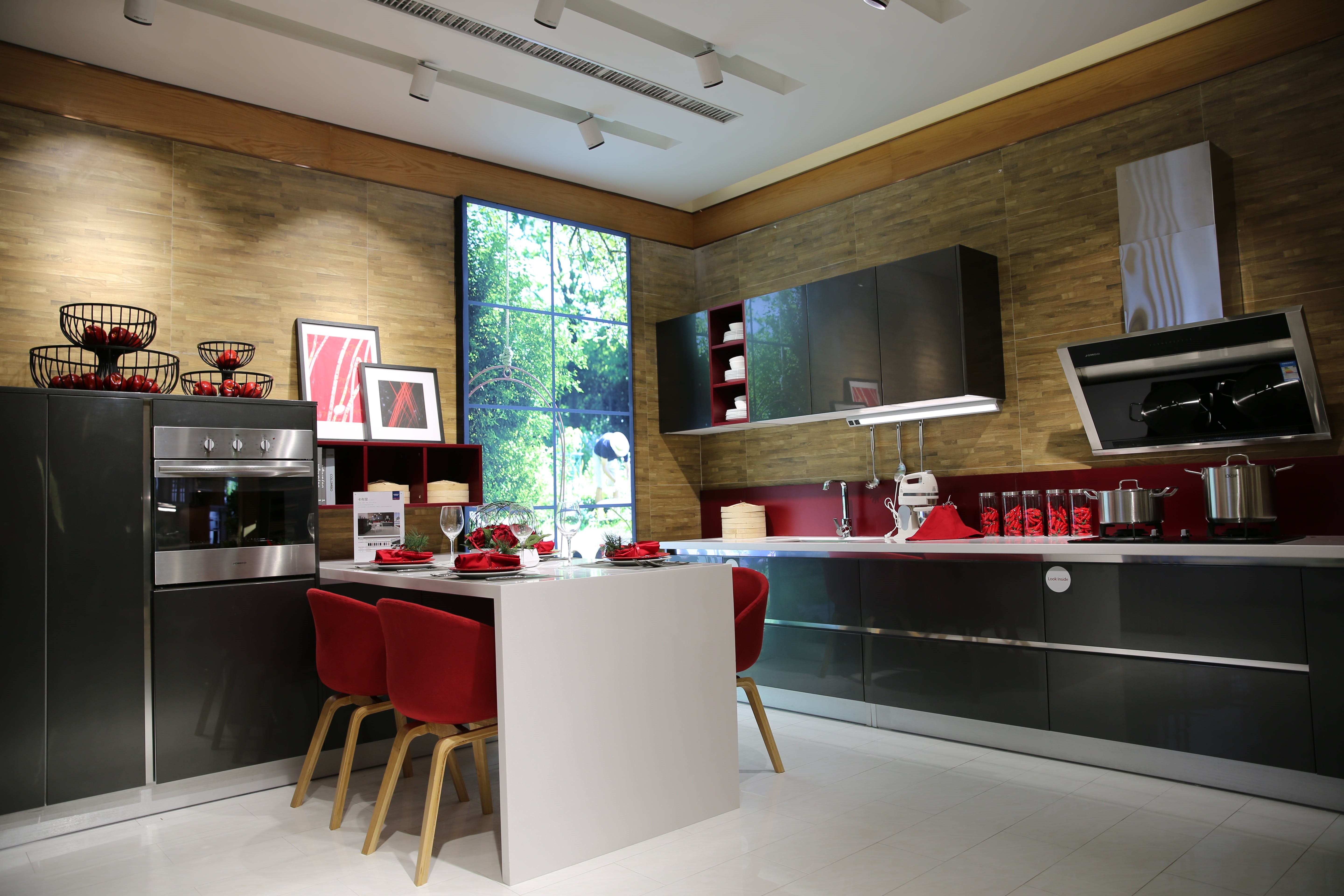 flooring, tiled floor, decor, furniture, domestic Kitchen, sample room, stove, white, food and drink, home Interior, appliance, cabinet, kitchen, design, HD Wallpaper
