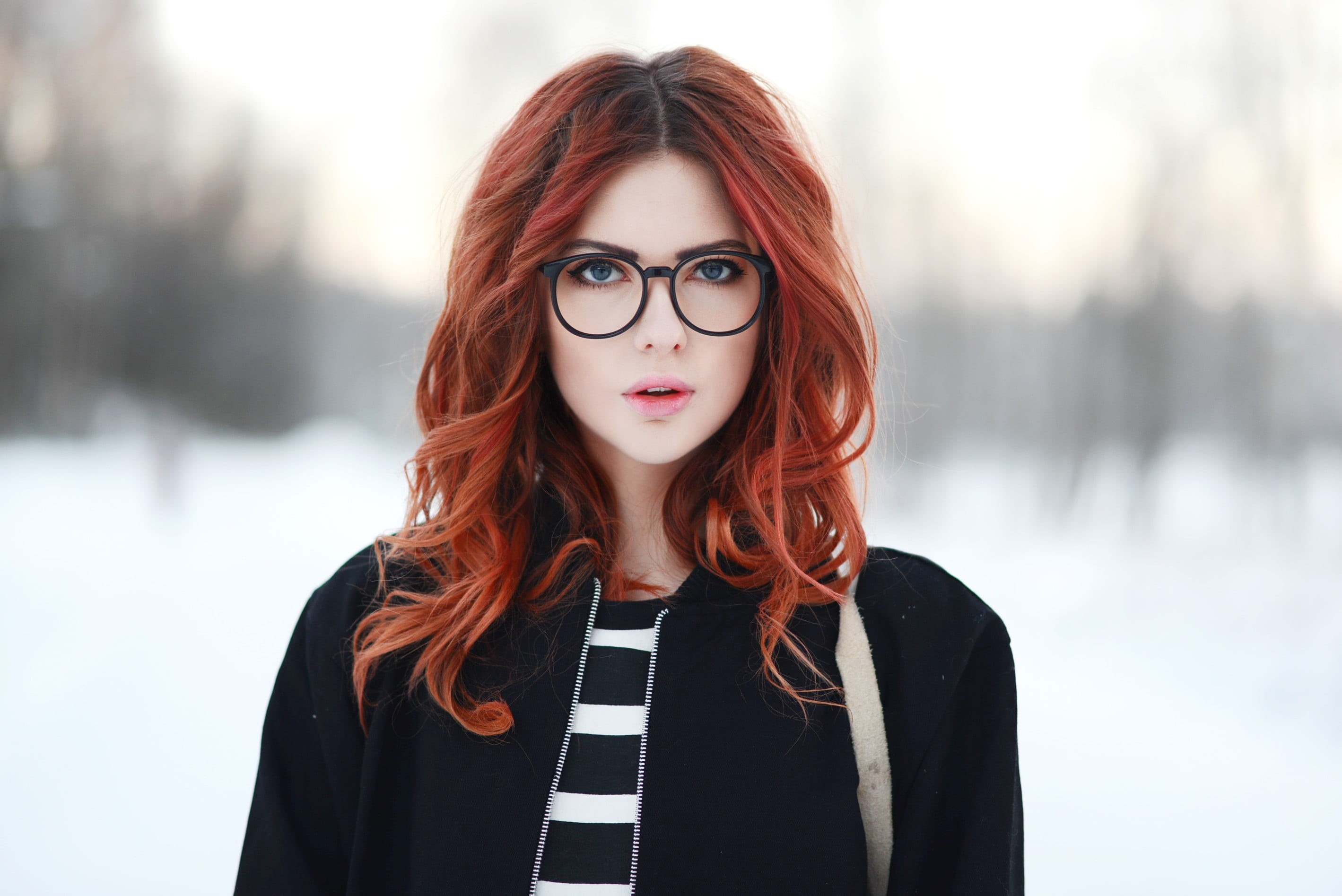 adult, young women, red, sweater, hair, white, winter, cute, elegance, warm clothing, black jackets, human Face, standing, headshot, long Hair, joy, beautiful woman, HD Wallpaper