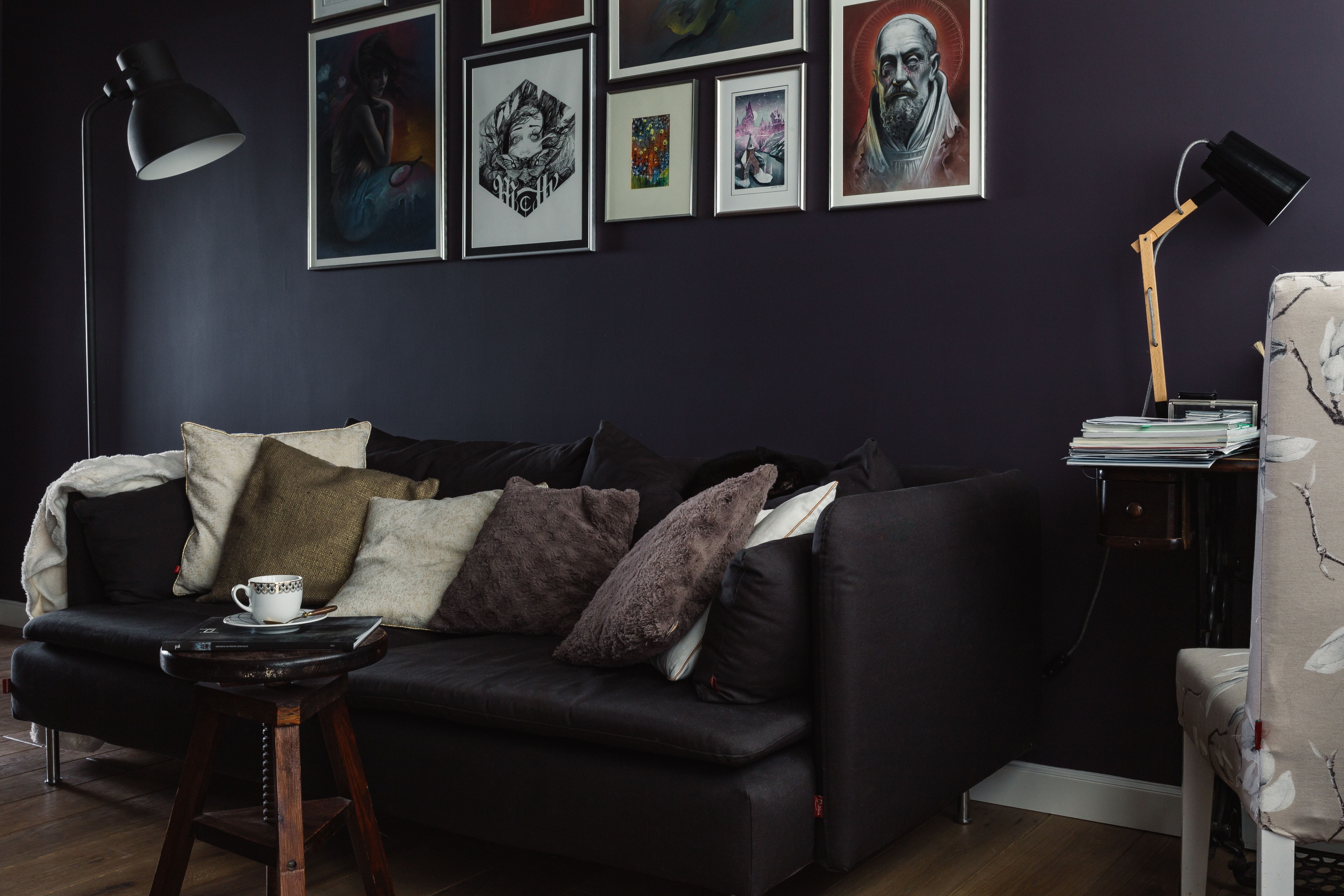 Living Room, contemporary, pillow, picture frame, home, electric lamp, chair, home showcase interior, bed, stuffed, 5K, absence, room, Dark, sofa, flooring, HD Wallpaper