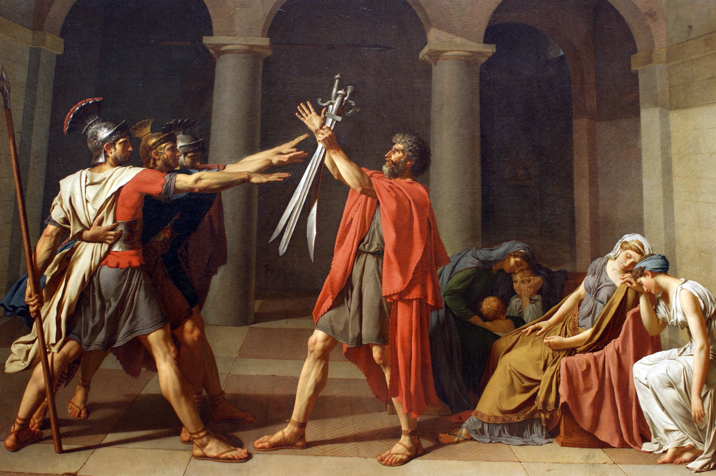 history, building, men, spirituality, people, wife, man, Jacques-Louis DAVID, swords, Neoclassicism, holding, religion, architecture, art and craft, full length, HD Wallpaper