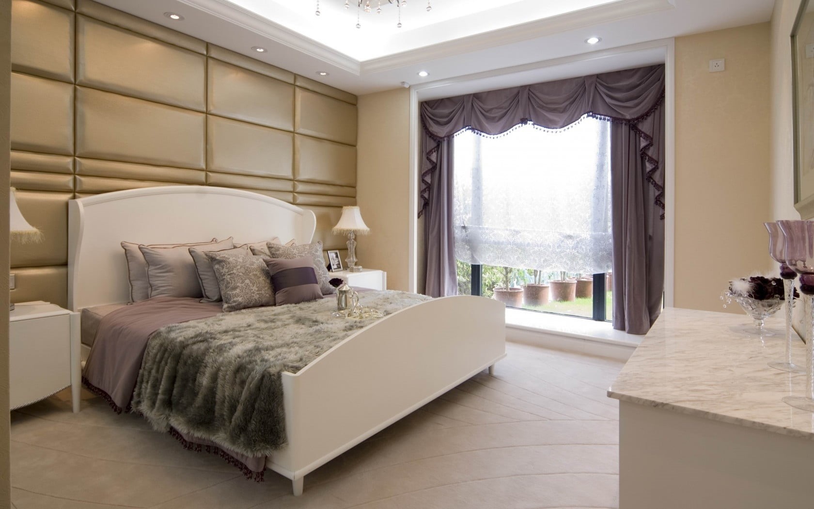 flooring, electric Lamp, bed, curtains, bedding, pillow, interior, design, double Bed, wide, domestic Room, lifestyles, tea, luxury, window, bedroom, apartment, HD Wallpaper