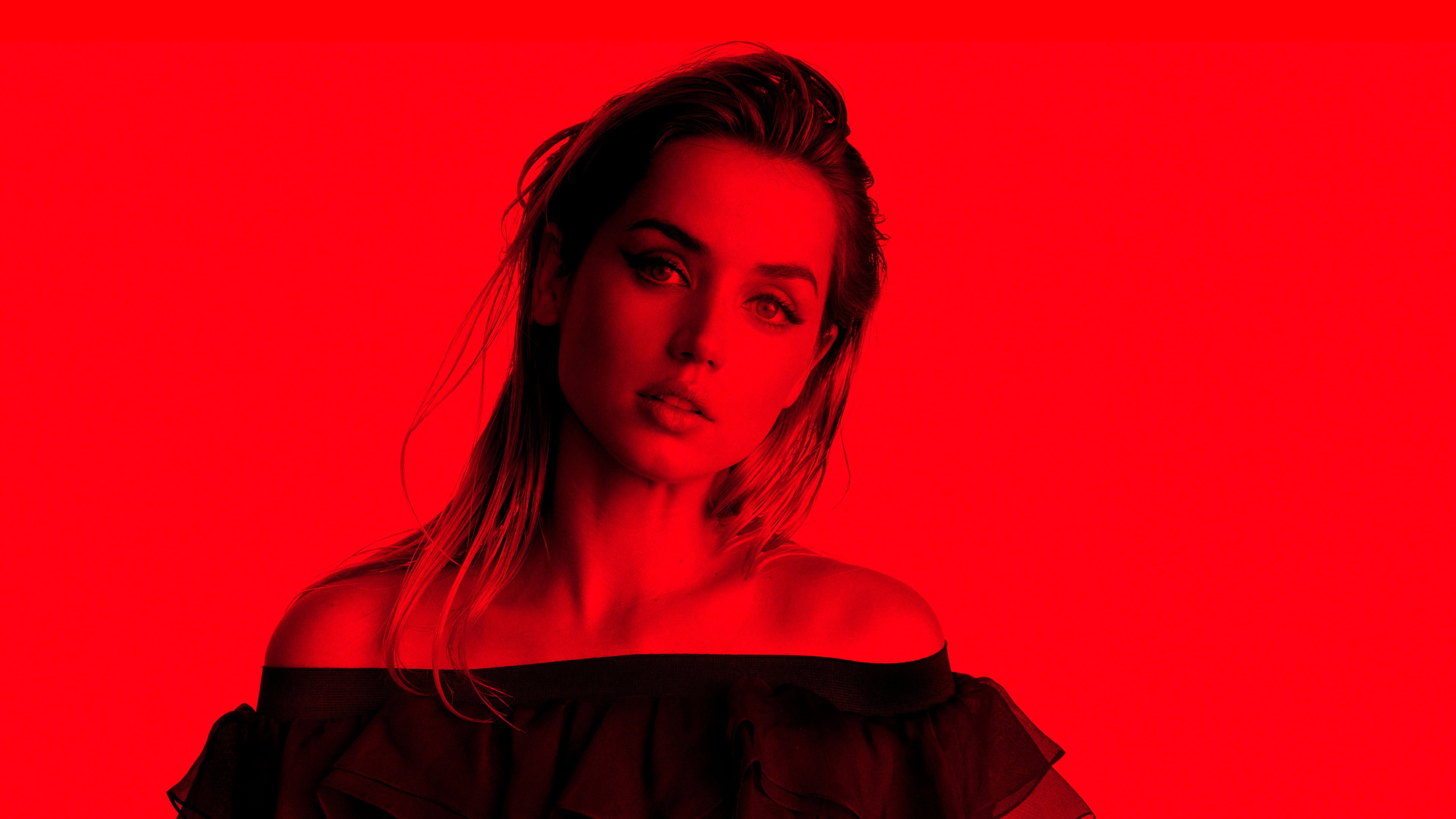4K, celebrity, actress, looking at viewer, red background, Ana de Armas, HD Wallpaper