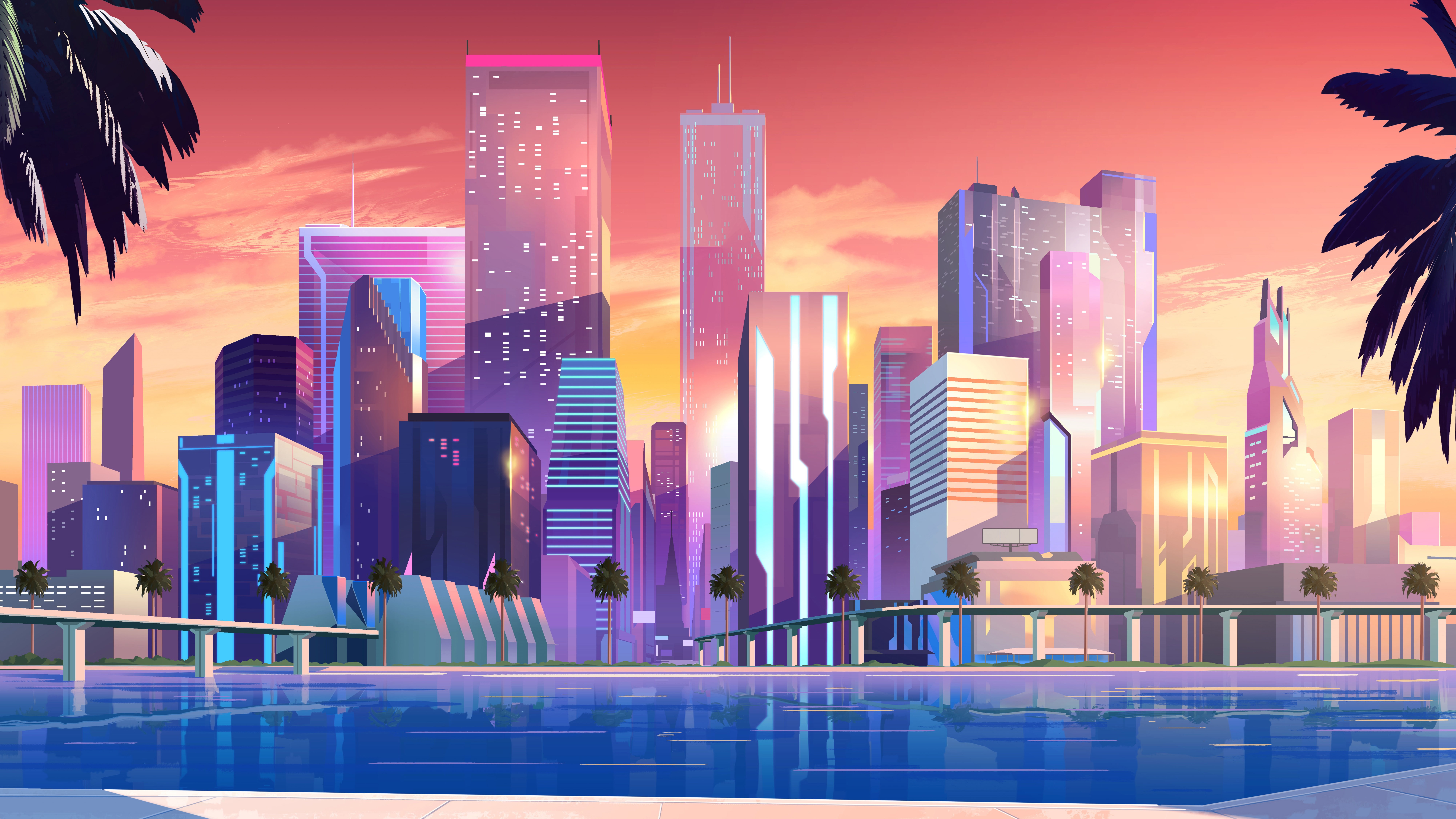 8K, Neon, 8K, Moonbeam City, 4K, Minimal, Skyscrapers, Buildings, HD Wallpaper