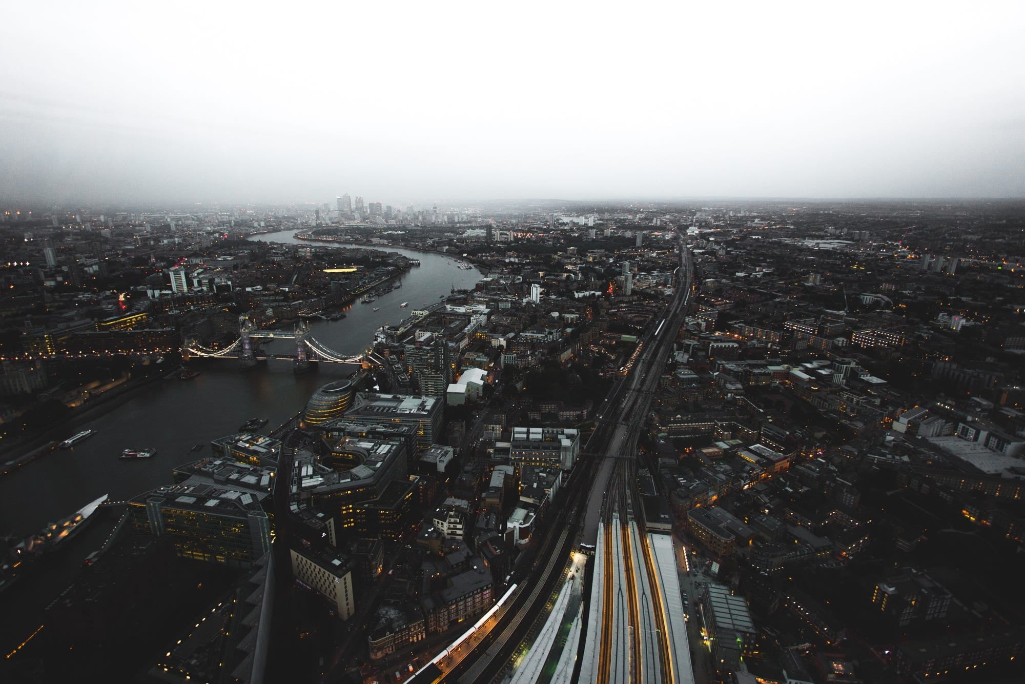 river, no people, high angle view, connection, pollution, city, Tower Bridge, nature, office building exterior, building, illuminated, bridge - man made structure, HD Wallpaper