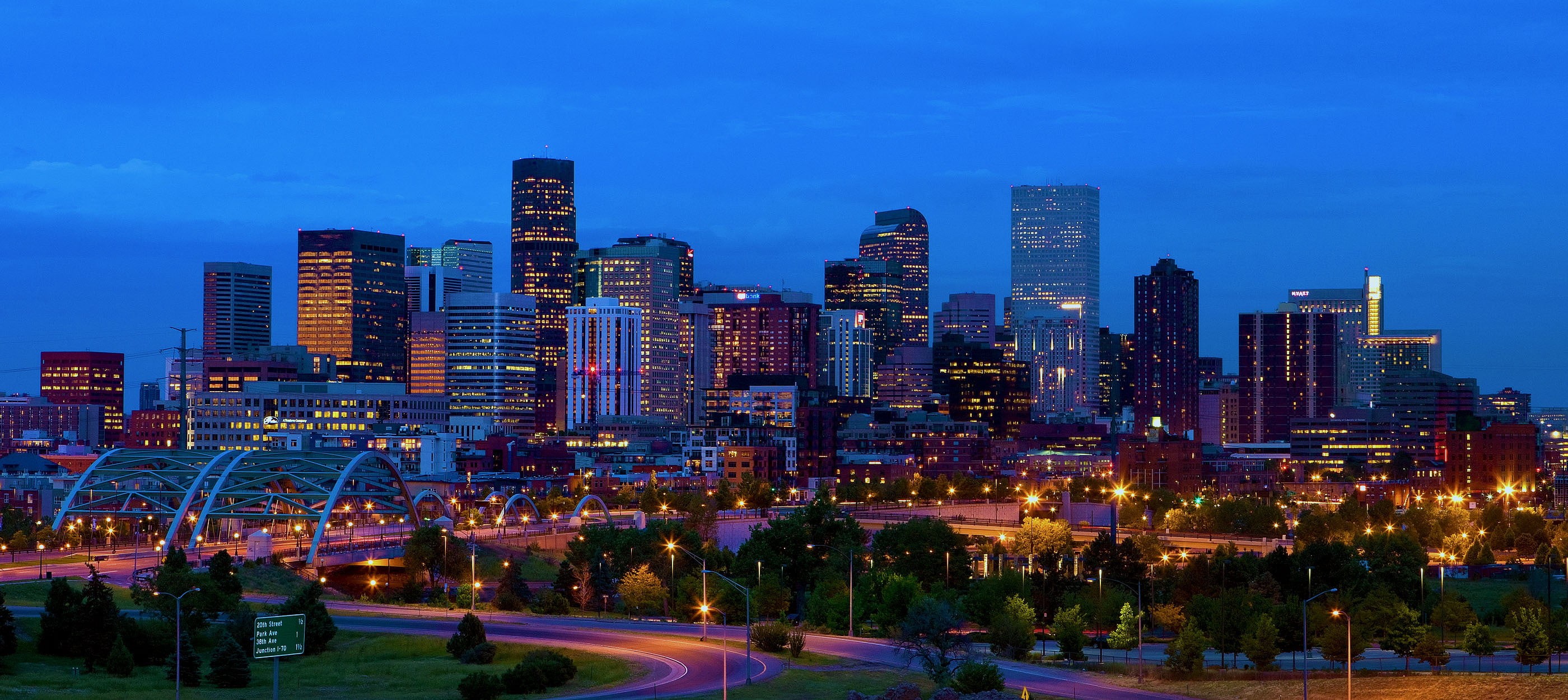 America, Colorado, sunset, building Exterior, skyscraper, downtown District, urban Scene, dusk, urban Skyline, night, famous Place, modern, blue, sky, no people, HD Wallpaper