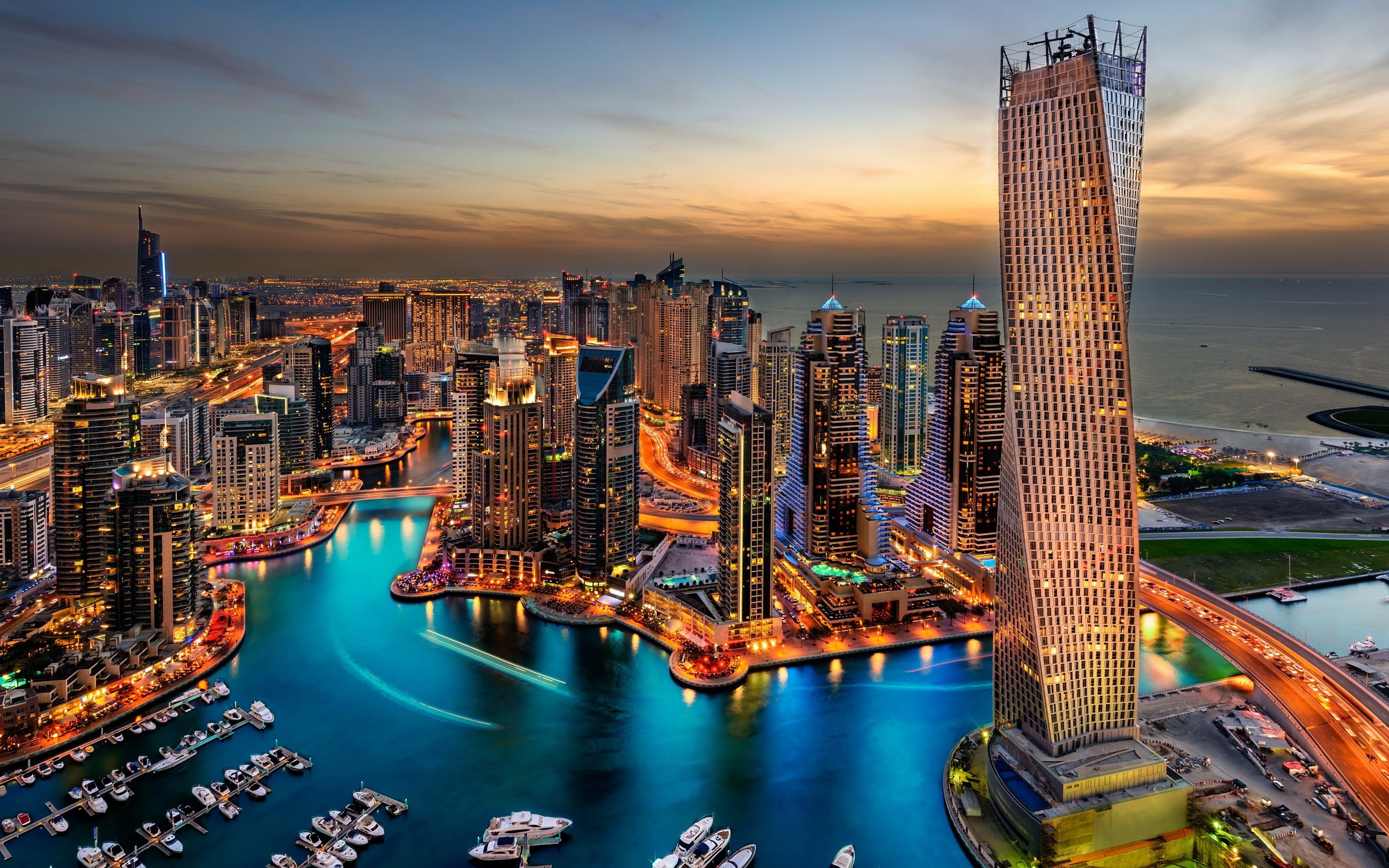 Dubai, Hotel, Night, travel, harbour, lights, building, 2K, city, arab emirates, Skyscrapers, splendor, HD Wallpaper