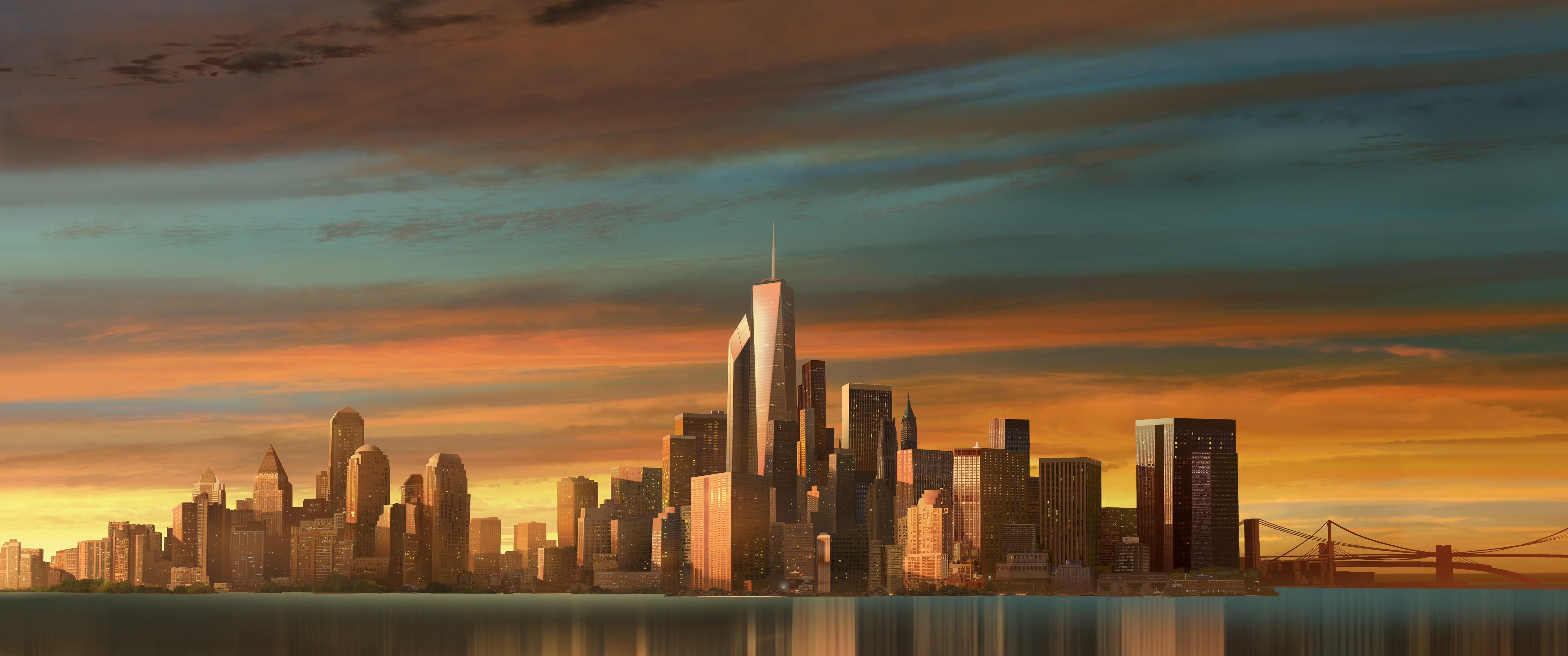 skyscraper, cloud - sky, travel destinations, tall - high, modern, new, water, spire, building, One World Trade Center, New York City, sunset, office building exterior, HD Wallpaper