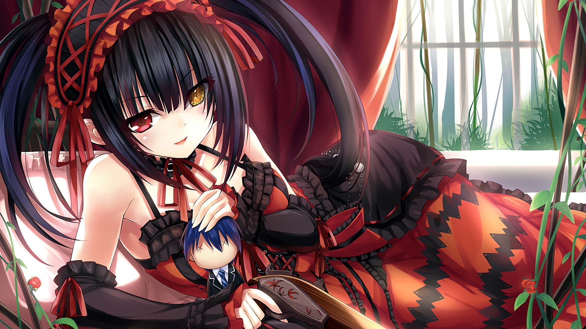 indoors, fashion, window, 1080P, Tokisaki Kurumi, textile, large group of objects, lifestyles, curtain, manga, pattern, day, close-up, Date A Live, celebration, HD Wallpaper