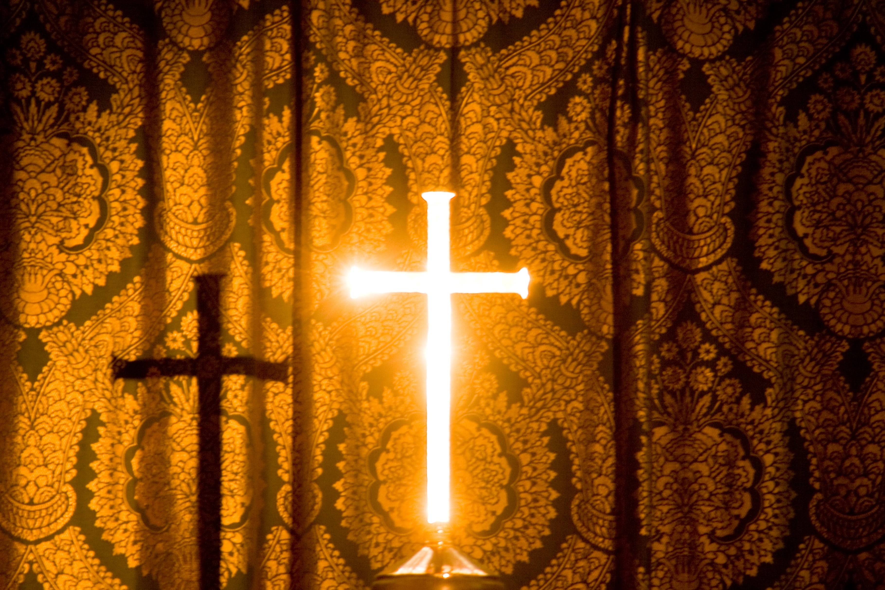 electric lamp, glowing, lighting equipment, belief, no people, god, praying, gold colored, ornate, exterior, indoors, curtain, old, star shape, chirch, HD Wallpaper